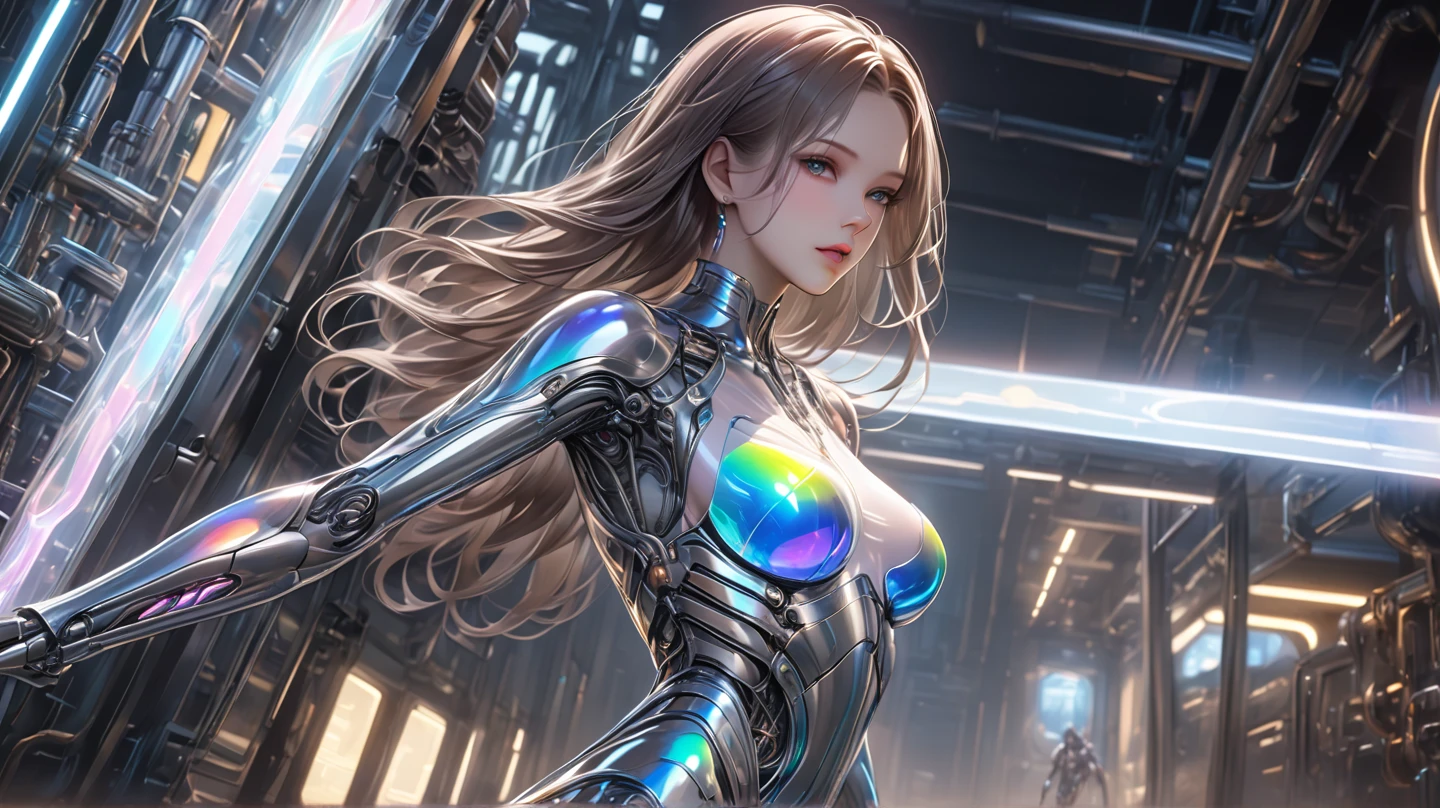 8K uhd, materpiece, a beautiful girl, detaild eye, good face, detaild eyebrow, beautiful outfit, blue color outfit, cyberpunk, Cyberspace, shining, diaco lighting, sitting, whole body capture,