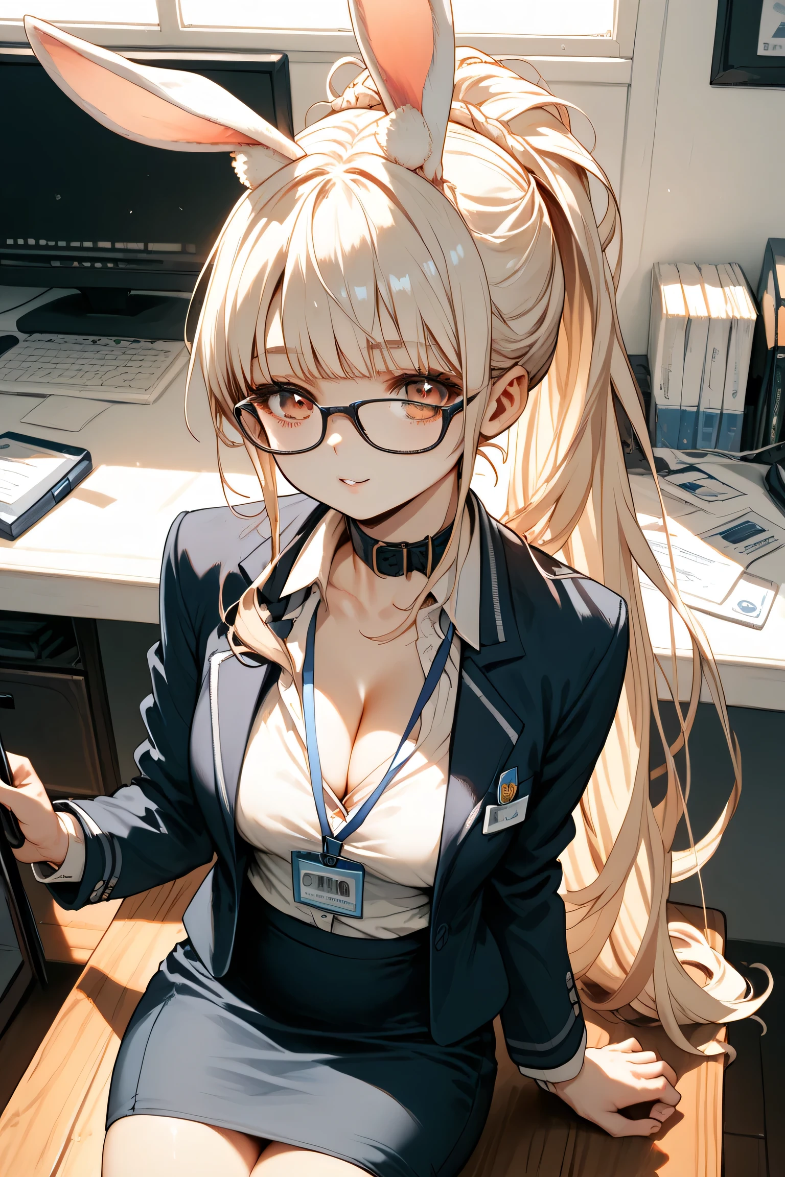 SFW. rabbit ears.Glasses.uphaired.darkhair.
crisp white blouse tucked in, charcoal tailored blazer, knee-length pencil skirt. cleavage
ID card lanyard, neck strap ID badge