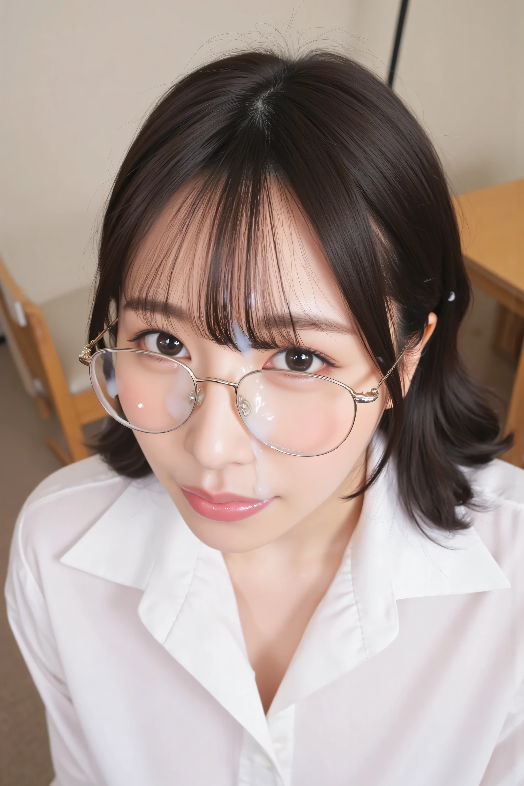 ( or more top quality、 Greatest Masterpieces、 or more top quality、 winning works )、beautiful woman、( Female Teacher 1 :1.1)、(face covered in semen:1.5)、(Cum Covered Glasses:1.5)、(Long Wave Hair Exposing Forehead:1.1)、(  White Polyester Colored Open Shirt:1.3)、(Elegant Thin Glasses:1.2)、big boobs、 Perfect Portrait Photo 、  Bright, beautiful skin  、standing gracefully、( Perfectly Reproduced High School Classroom Background  :1.3)、(Neatly Arranged Desk and Chair Background:1.3)、Black Pencil Mini Skirt、beautiful legs、big boobs、very white skin、tyndall effect、without makeup  、Beautiful Face Perfect for Light Fog、The white polyester color open shirt {x} clearly depicts beautiful facial details