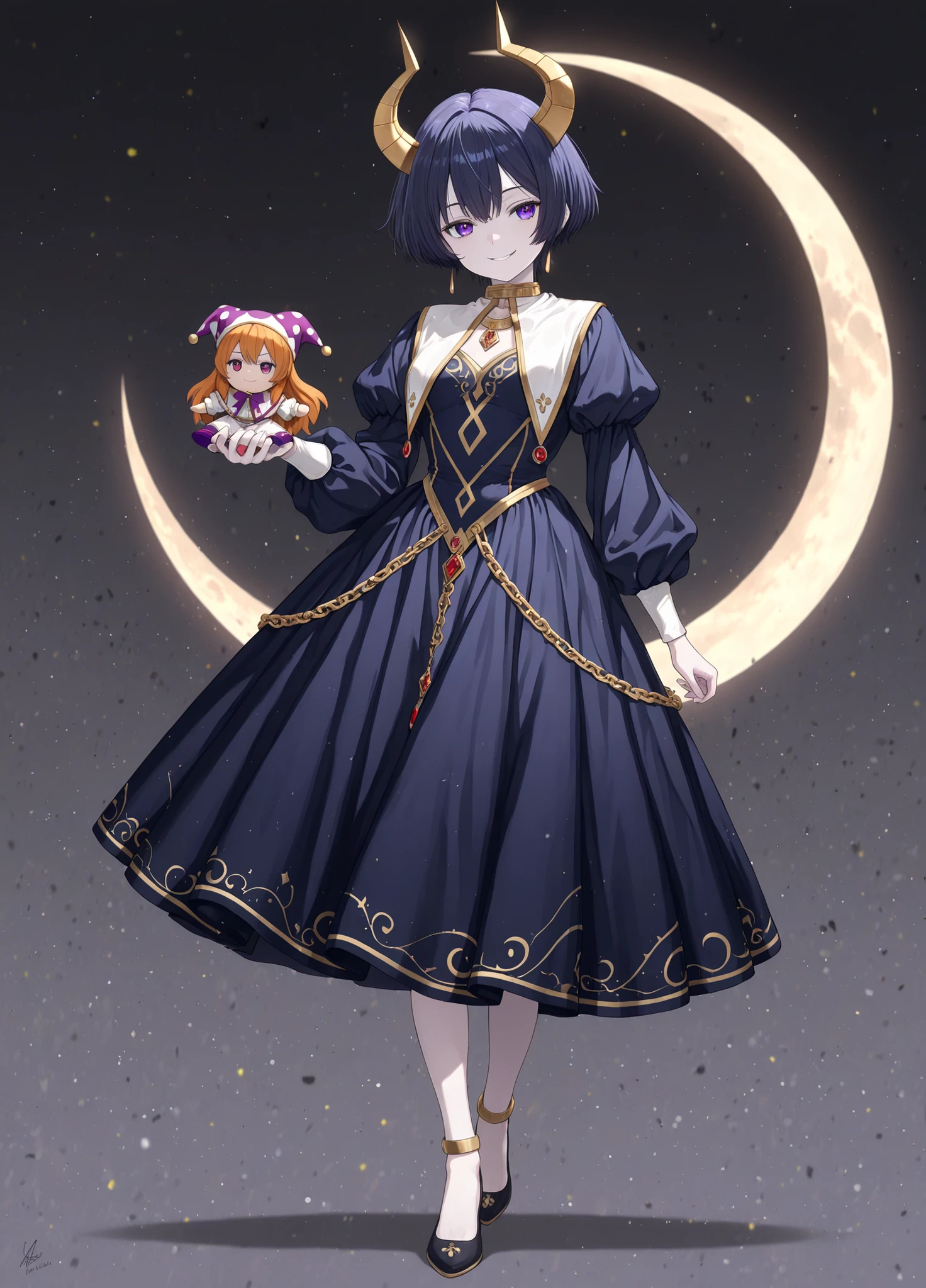 (masterpiece),(best quality:1.0), (ultra highres:1.0), (full body shot:1.2),Best detailed,An anime-style illustration of a young person, likely in their late teens or early twenties, with pale skin and black, short hair. The character has violet eyes and is smiling slightly, with a mischievous expression. They wear a dark blue dress with yellow accents, adorned with crescent moon details and golden embellishments. The dress has puffed sleeves and a white collar. They have small, golden horns and a golden collar. They are holding a small doll that resembles them in a miniature version. The doll is wearing a purple and white jester outfit. In the background, a golden crescent moon hangs, connected by a delicate chain. The figure is positioned to the right side of the image, the background is a gradient of dark colors. The lighting is soft, with highlights on the hair and the moon. The style is detailed and vibrant, typical of anime art, with a focus on fantasy elements.