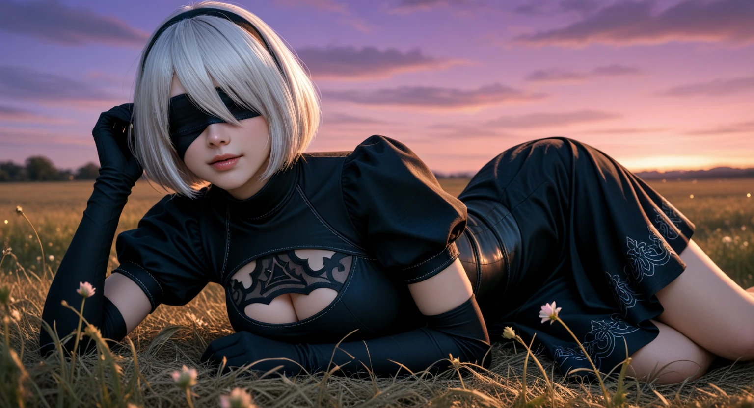 realistic, 1 woman, white hair, purple eyes, glowing eyes, crop top, sexy skirt, parted lips, blush, night, flowers, sun, sunlight, with a little boy laying on her lap