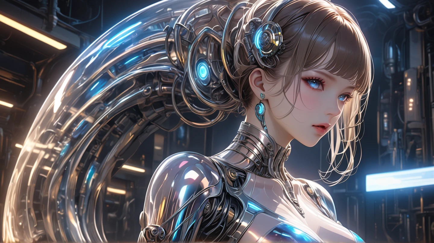 Translucent ethereal mechanical girl, Futuristic girl, Mechanical joint, Futuristic sci-fi background, model shoot style, Super detailed CG unified 8k wallpaper, The beauty of abstract style, Surreal, 8K, ultra - detailed, Best quality at best, Award-winning, Anatomically correct, 16k, ultra - detailed, sporty attire, The landscape, HighDynamicRange, Studio lighting, Vibrant colors, bokeh