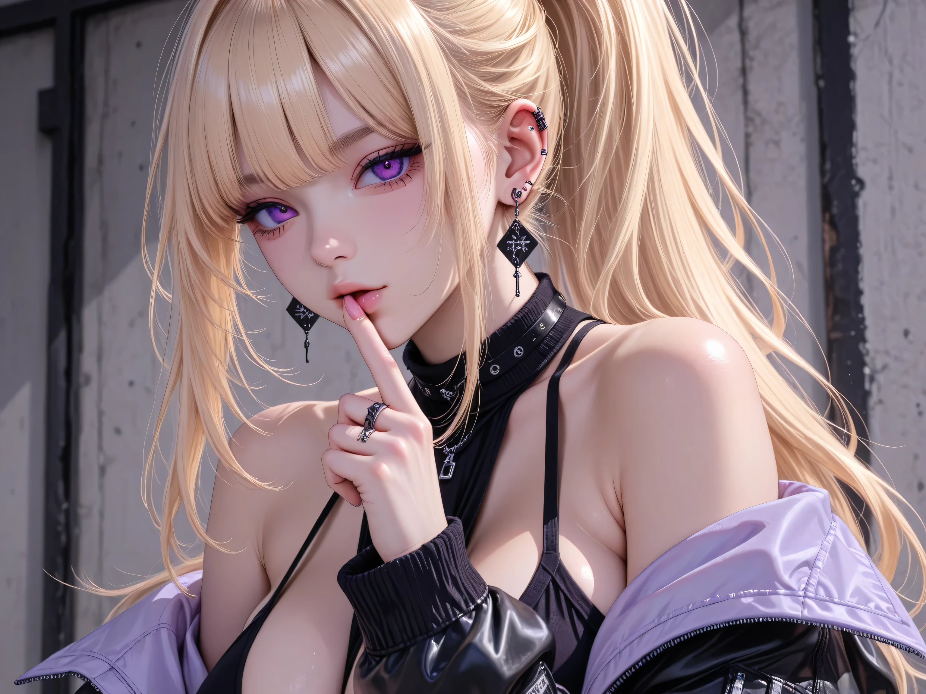 1girl, bangs, bare shoulders, blonde hair, breasts, earrings, finger to mouth, jacket, jewelry, large breasts, long hair, looking at viewer, off shoulder, open clothes, open jacket, piercing, ponytail, purple eyes, solo