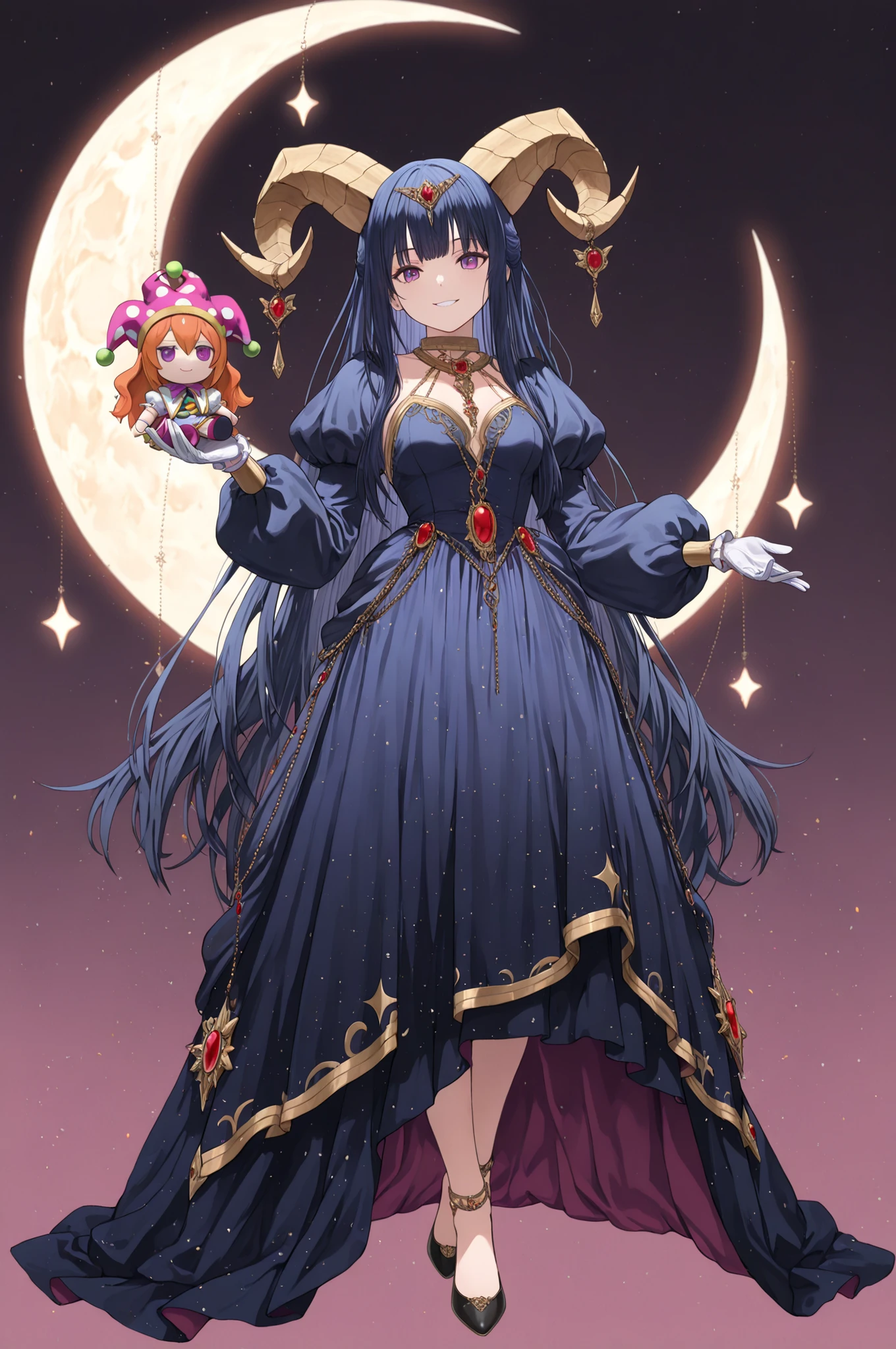 (masterpiece),(best quality:1.0), (ultra highres:1.0), (full body shot:1.2),Best detailed,A pale-skinned anime character with short, dark blue hair and bright purple eyes smiles slyly at the viewer. Golden, curved horns protrude from her head, reflecting the soft glow of a large, crescent moon behind her. She wears an elaborate dark blue dress with puffed sleeves, adorned with golden trim, chains, and red gemstone accents. Her hands, covered in white gloves, gently cradle a small, chibi-style doll with orange hair, purple eyes, and a jester's hat. The background is a soft gradient of purple and white, speckled with tiny stars, enhancing the magical and whimsical atmosphere.