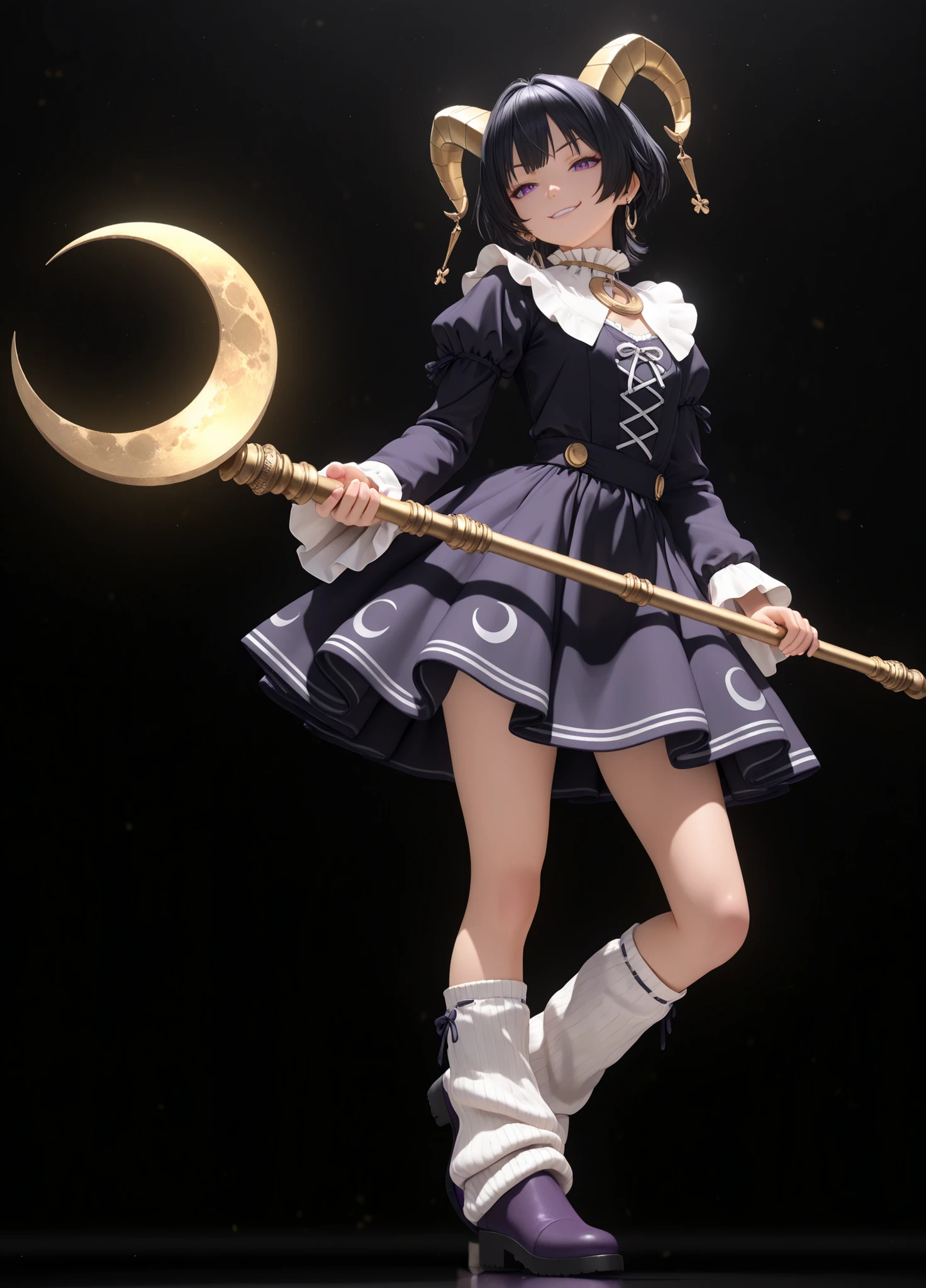 (masterpiece),(Highest Quality:1.0), (ultra highres:1.0), (full body shot:1.2),most detailed,3D,masterpiece, high quality animation, Realistic aesthetic photography ,(HDR:1.2), In detail and carefully, complicated details, graceful and beautiful texture, Original photo, 16K, clear focus, cinematic lighting, depth of field, high brightness, high saturation,A young, androgynous figure with short, black hair, and piercing purple eyes, stands in a dynamic pose. Two small, yellow horns sprout from the top of the character's head, and the figure wears a mischievous smirk. The attire is a dark purple jester-style dress adorned with a white and yellow crescent moon emblem on the chest. A yellow, ruffled collar frames the neck, with small purple balls hanging from the hem of the dress. The figure clutches a stylized, golden crescent moon weapon. The legs are covered in white leg warmers and dark purple boots. The overall aesthetic is a blend of gothic and playful fantasy, with clean lines and bold colors dominating. The lighting is bright and clear, enhancing the saturated colors. The character's pose suggests action and perhaps a hint of cunning or playfulness. The figure is isolated against a stark black background, emphasizing the subject. The style evokes an anime or manga aesthetic, with digital painting techniques.