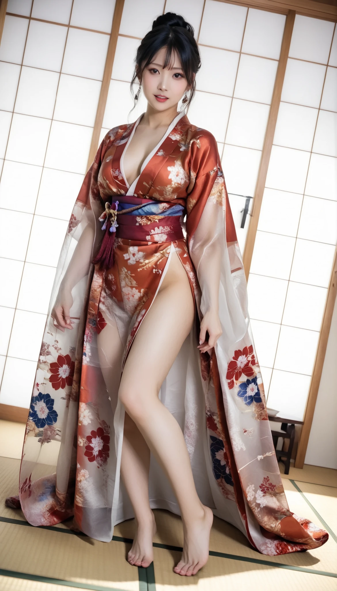 最High Quality 、High Quality 、 最high definition、high definition、8K quality、high image quality 、最High Quality、 masterpiece 、immersive video、 very realistic images of the floor at night 、Realistic Paintings、 perfect details 、 from out of view High contrast 、High Fidelity、 perfect pictures without blur、close to reality、 image faithfully reproduced down to the smallest detail、 EXQUISITE AND REALISTIC WEAPONS 、 Exquisite and realistic human skin 、 Realistic face in every detail、 realistic eyes with attention to detail 、 Realistic lips drawn with minimal detail 、 detailed and real teeth、Real Ears、 Realistic Hair 、Mansuji、((Japanese Model))、((gravure idol))、((Young face))、((black hair))、((medium rounded breasts))、((stylish body ))、(((Sweaty skin all over )))、((Wear a floral kimono made of transparent vinyl,Clear vinyl fits your skin perfectly))、((Wear a floral kimono made of transparent nylon,Clear nylon adheres perfectly to the skin))、((See your skin through a clear vinyl kimono))、((See your skin through a clear nylon kimono))、((Traditional Japanese room))、(((Sexy pose with tatami mat in a Japanese-style room )))、(((Full Body Footage from Head to Toe,)))、(((look at her from a random angle)))