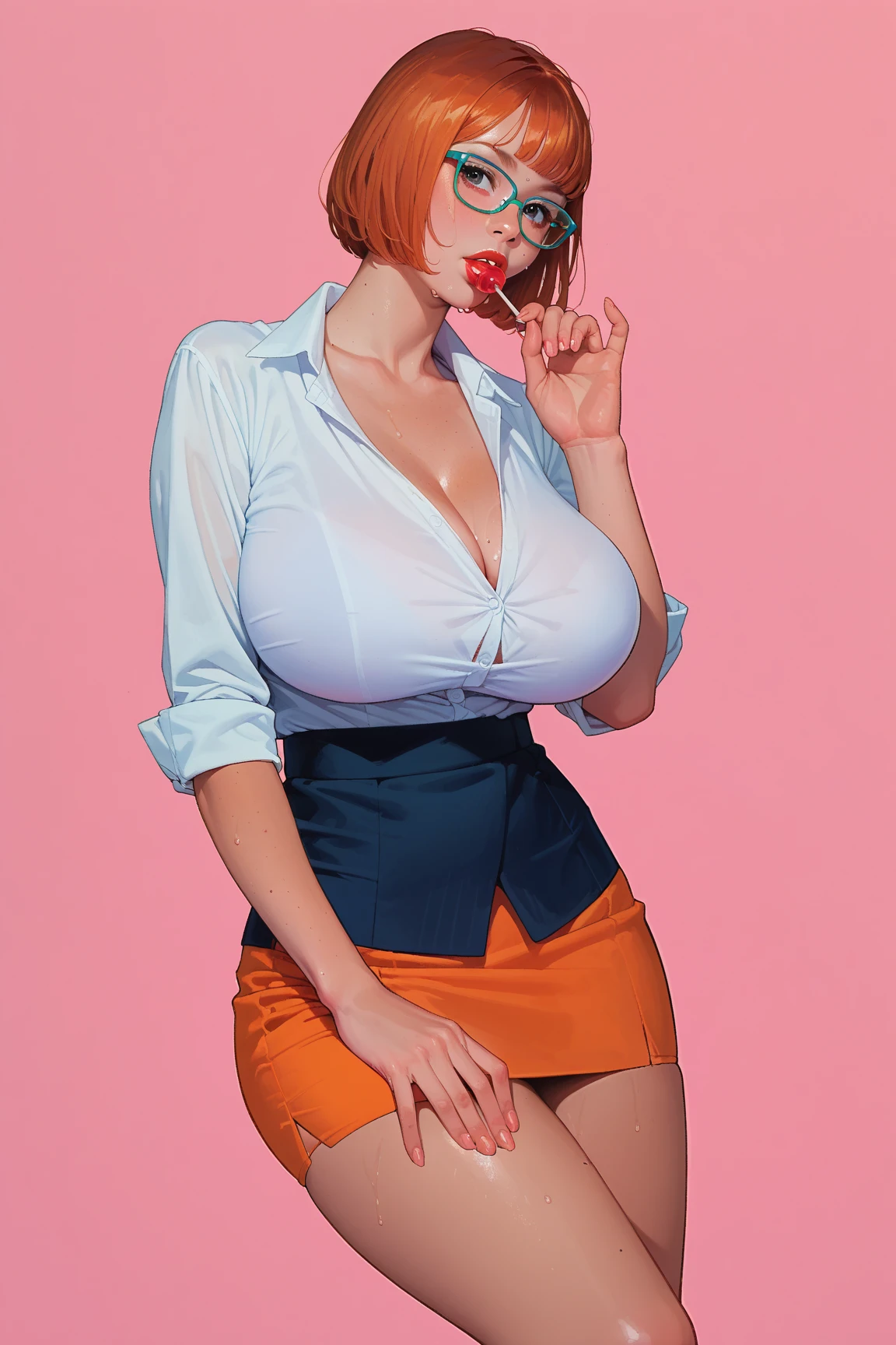 Gorgeous and sultry busty athletic (thin) brunette with sharp  features and a (large nose) wearing a (Hooters uniform), white tank top, "Hooters", orange minishorts, notepad, restaurant