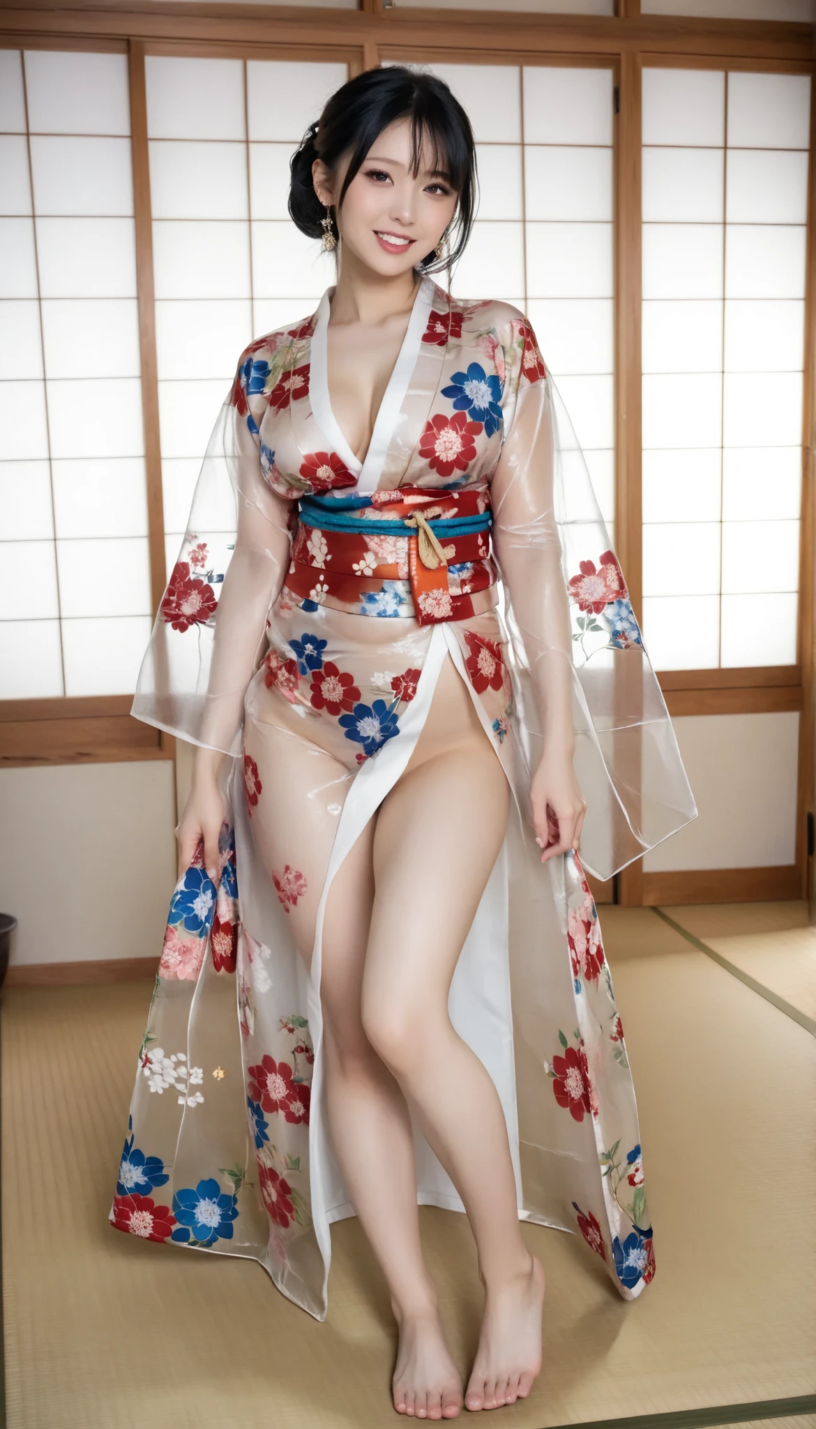 最High Quality 、High Quality 、 最high definition、high definition、8K quality、high image quality 、最High Quality、 masterpiece 、immersive video、 very realistic images of the floor at night 、Realistic Paintings、 perfect details 、 from out of view High contrast 、High Fidelity、 perfect pictures without blur、close to reality、 image faithfully reproduced down to the smallest detail、 EXQUISITE AND REALISTIC WEAPONS 、 Exquisite and realistic human skin 、 Realistic face in every detail、 realistic eyes with attention to detail 、 Realistic lips drawn with minimal detail 、 detailed and real teeth、Real Ears、 Realistic Hair 、Mansuji、((Japanese Model))、((gravure idol))、((Young face))、((black hair))、((medium rounded breasts))、((stylish body ))、(((Sweaty skin all over )))、((Wear a floral kimono made of transparent vinyl,Clear vinyl fits your skin perfectly))、((Wear a floral kimono made of transparent nylon,Clear nylon adheres perfectly to the skin))、((See your skin through a clear vinyl kimono))、((See your skin through a clear nylon kimono))、((Traditional Japanese room))、(((Sexy pose with tatami mat in a Japanese-style room )))、(((Full Body Footage from Head to Toe,)))、(((look at her from a random angle)))