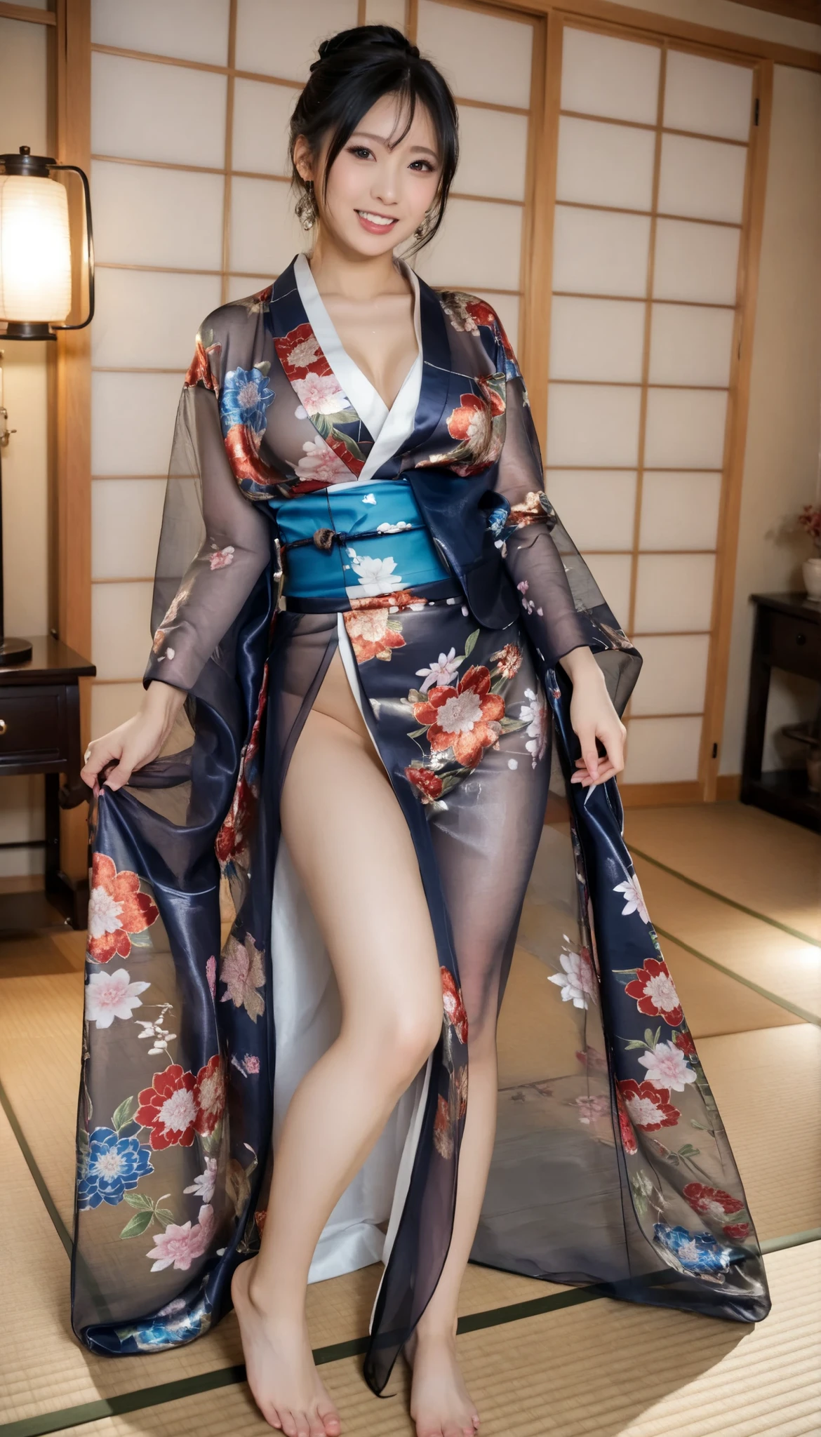 最High Quality 、High Quality 、 最high definition、high definition、8K quality、high image quality 、最High Quality、 masterpiece 、immersive video、 very realistic images of the floor at night 、Realistic Paintings、 perfect details 、 from out of view High contrast 、High Fidelity、 perfect pictures without blur、close to reality、 image faithfully reproduced down to the smallest detail、 EXQUISITE AND REALISTIC WEAPONS 、 Exquisite and realistic human skin 、 Realistic face in every detail、 realistic eyes with attention to detail 、 Realistic lips drawn with minimal detail 、 detailed and real teeth、Real Ears、 Realistic Hair 、Mansuji、((Japanese Model))、((gravure idol))、((Young face))、((black hair))、((medium rounded breasts))、((stylish body ))、(((Sweaty skin all over )))、((Wear a floral kimono made of transparent vinyl,Clear vinyl fits your skin perfectly))、((Wear a floral kimono made of transparent nylon,Clear nylon adheres perfectly to the skin))、((See your skin through a clear vinyl kimono))、((See your skin through a clear nylon kimono))、((Traditional Japanese room))、(((Sexy pose with tatami mat in a Japanese-style room )))、(((Full Body Footage from Head to Toe,)))、(((look at her from a random angle)))