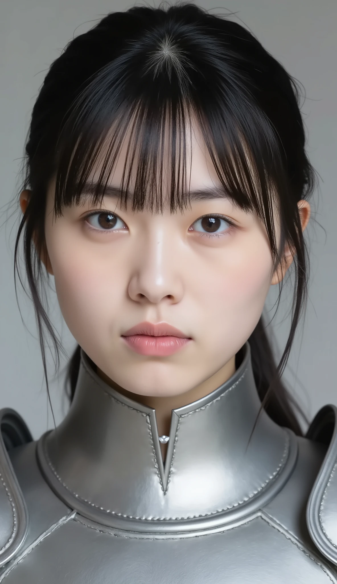 neat young woman wearing luxurious silver armor、、female knight、、、ear piercings、looking at camera、looking directly in front、No expression、is closing his mouth、face close-up、grey background、