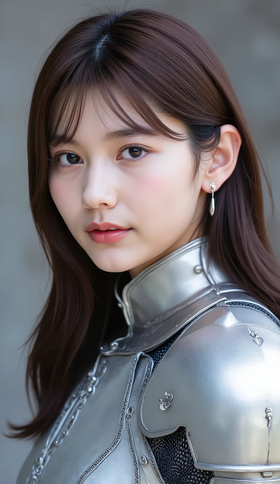 neat young woman wearing luxurious silver armor、、female knight、前髪あり、、、ear piercings、looking at camera、looking directly in front、No expression、is closing his mouth、face close-up、grey background、
