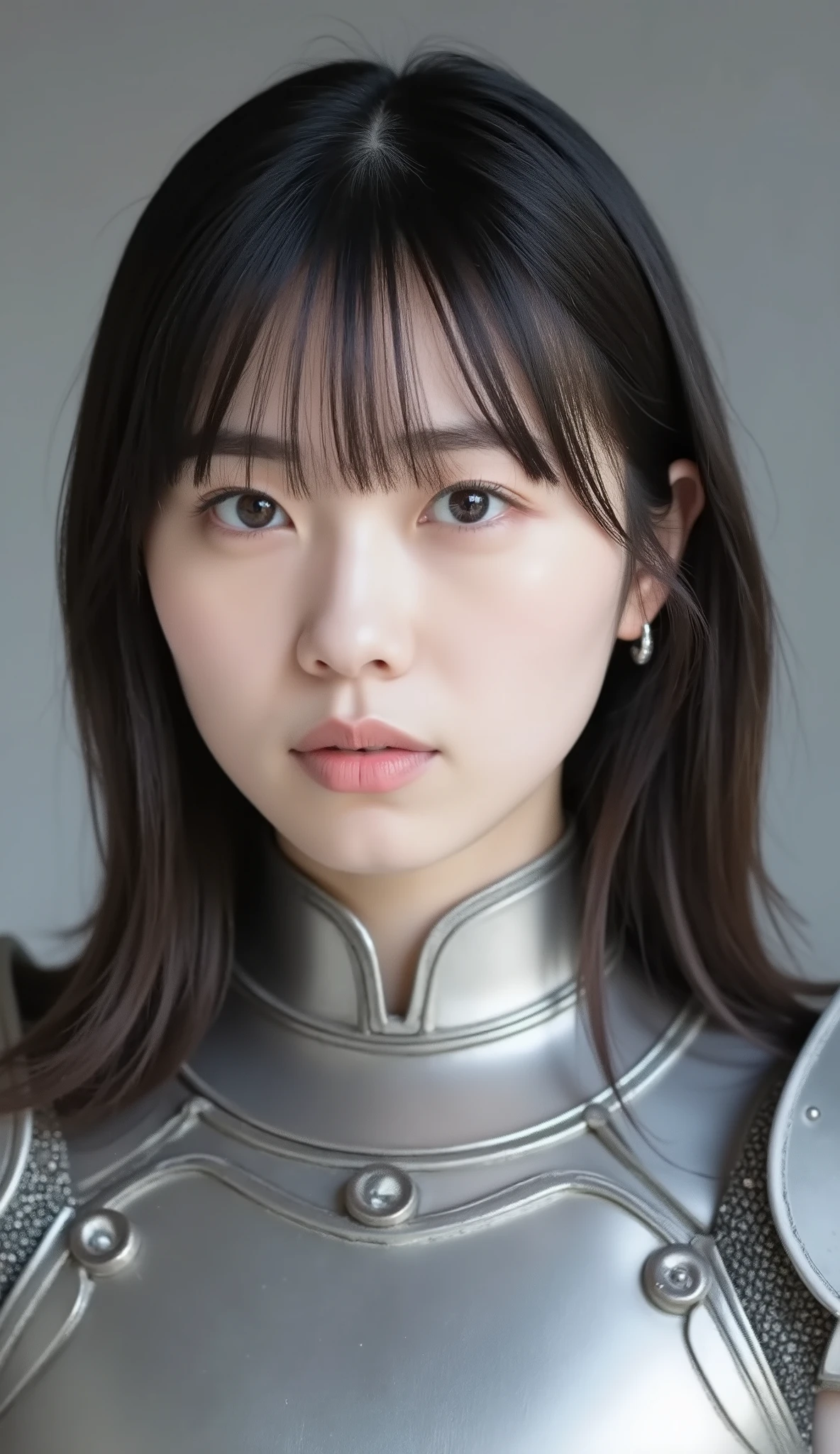 neat young woman wearing luxurious silver armor、、female knight、、、ear piercings、looking at camera、looking directly in front、No expression、is closing his mouth、face close-up、grey background、

