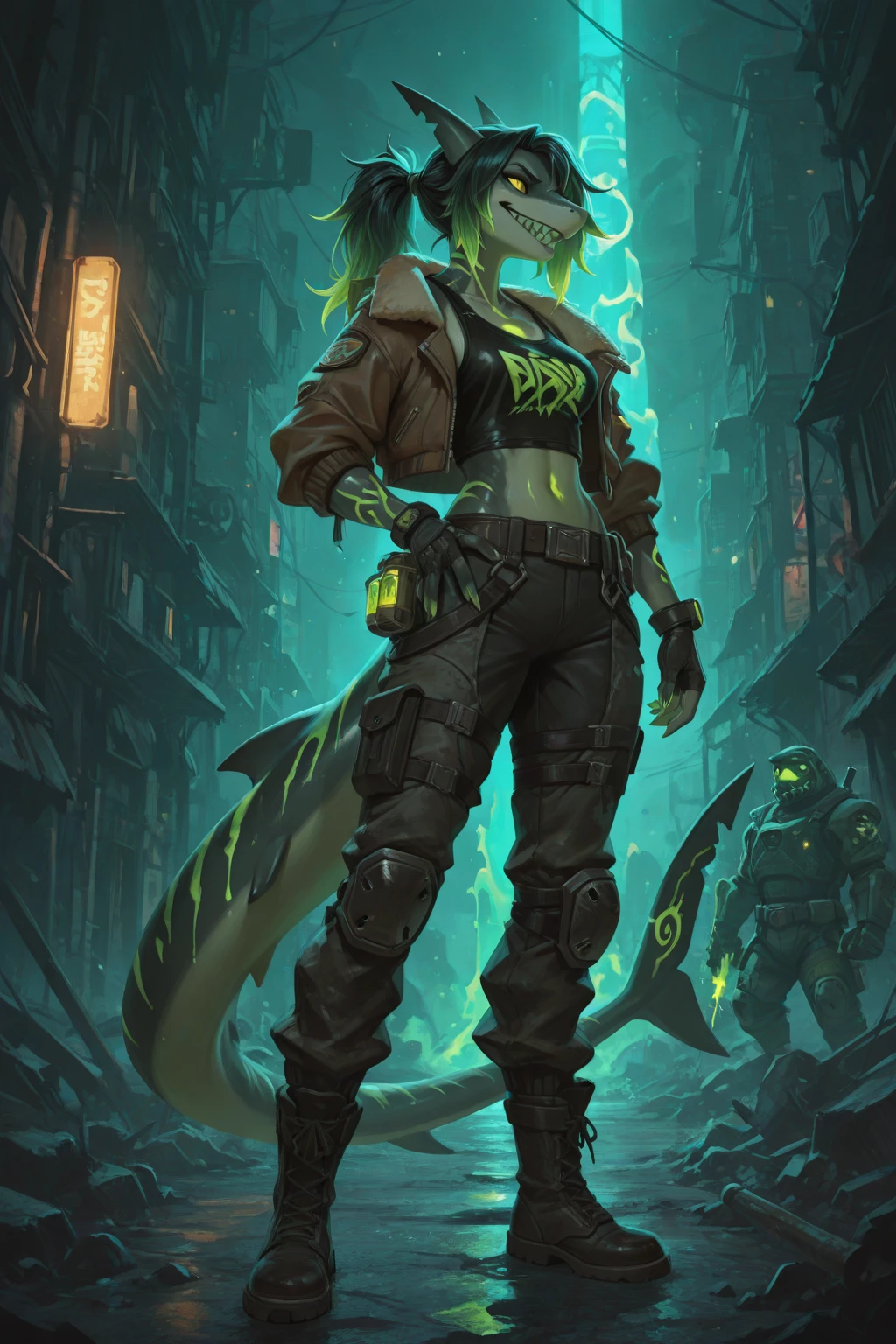 Nicole, 1个Giant  Girl,  marks, hair adornments, hairflower, choker necklace, brown shorts, Crop top, Colorful skins, lizard tail, bodypainting, yellow-eyed, cow boy shot, perfect anatomia, mediuml , lookingat_Shown in_peeking at the viewer, short_the hair, mitts, navel, fail, blue_There are eyes, everlasting, full_body, arma, footwear, collars, Black_mitts, septum, hooded, the hair_exceed_Yoon_There are eyes, cropper_top, hoody, Black_trouser, athletic sneakers, cropped_jaket, cyber punk personage, cropped_hoody 3d Avata5