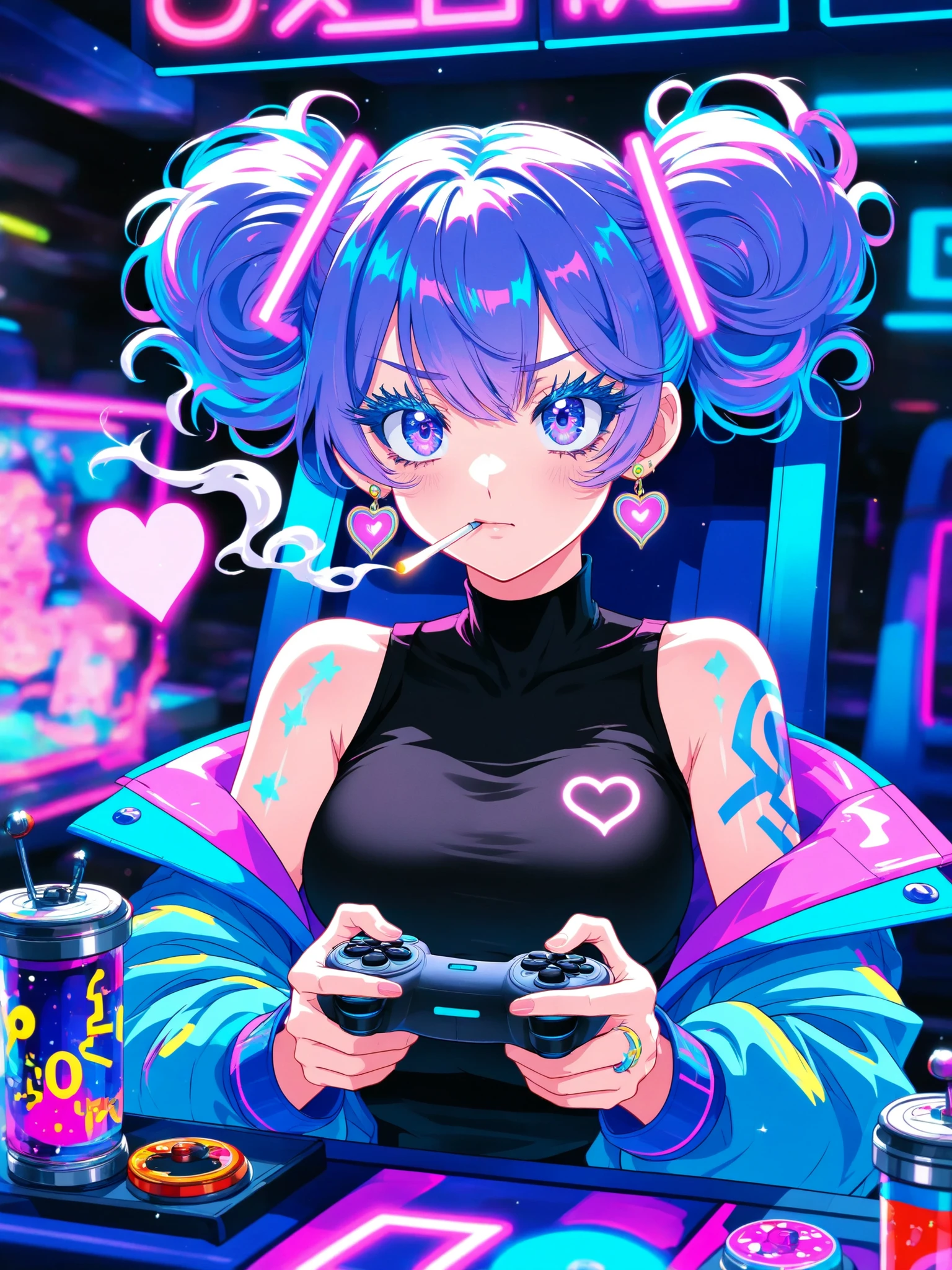 Delicate and Delicate、High Quality、extreme detail:Anime illustrations,Bad Girl,Smoking,are full of smoke,Curly thick lashes,explosive fluffy hairstyle,big circle earrings,black high neck sleeveless top,Arm tattoo,loose light blue jacket that can be worn casually, Concentrating on playing arcade games , Dexterous hands operating the controller ,sitting position,victory expression, Arcade interior scene , Neon tubes intertwining to decorate the space , Arcade screen flashing pink pattern light ,"GAME" Neon lettering hanging from the top , Blue-pink geometric neon art decoration on the wall, Cyberpunk blue main tone , Purple-pink neon light effects embellishment , Strong light and shadow layering , Soft ring light illuminating the face , Hair showing a charming blue-purple gradient under the light , Colorful circular arcade buttons arranged , Metallic body reflecting surrounding light ,half-body composition,floating heart glowing symbol