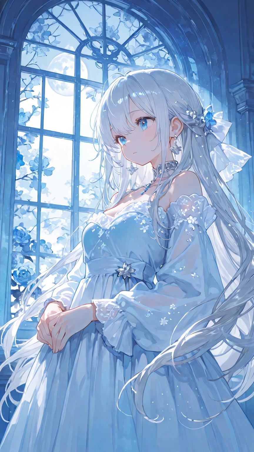 an illustration of the anime character is dressed for the occasion and looks beautiful, 1girl, solo, jewelry, hair flower, flower, long hair, blue eyes, hair ornament, looking at viewer, earrings, dress, long sleeves, smile, bangs, , white dress, white hair, hand on own , floral print, ,