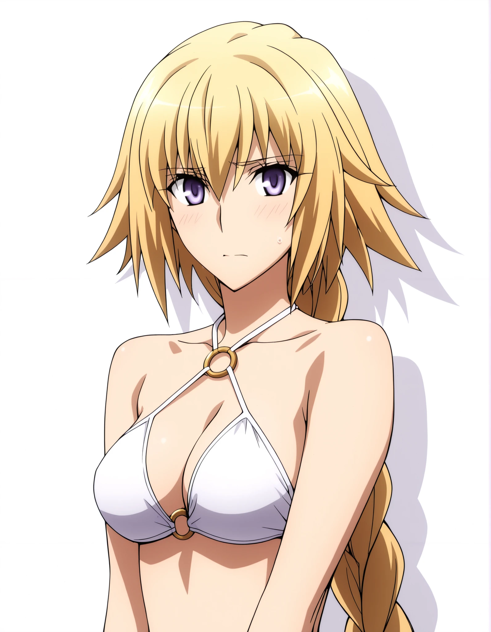 jeanne_d_arc_f-a, Fate/Apocrypha ,official art style ,1girl, blonde hair, solo, , long hair, , purple eyes, braid, looking at viewer, blue eyes, armor, single braid, <lora:JeanneDArc-FateApocrypha-ILXL:1>, (masterpiece),(best quality),(ultra-detailed),(best illustration),(best shadow),(absurdres),(detailed background),(very aesthetic), ((white bikini, O-ring)), light embarrassed, looking at viewer, ,((white background, simple background)),medium breasts, ,