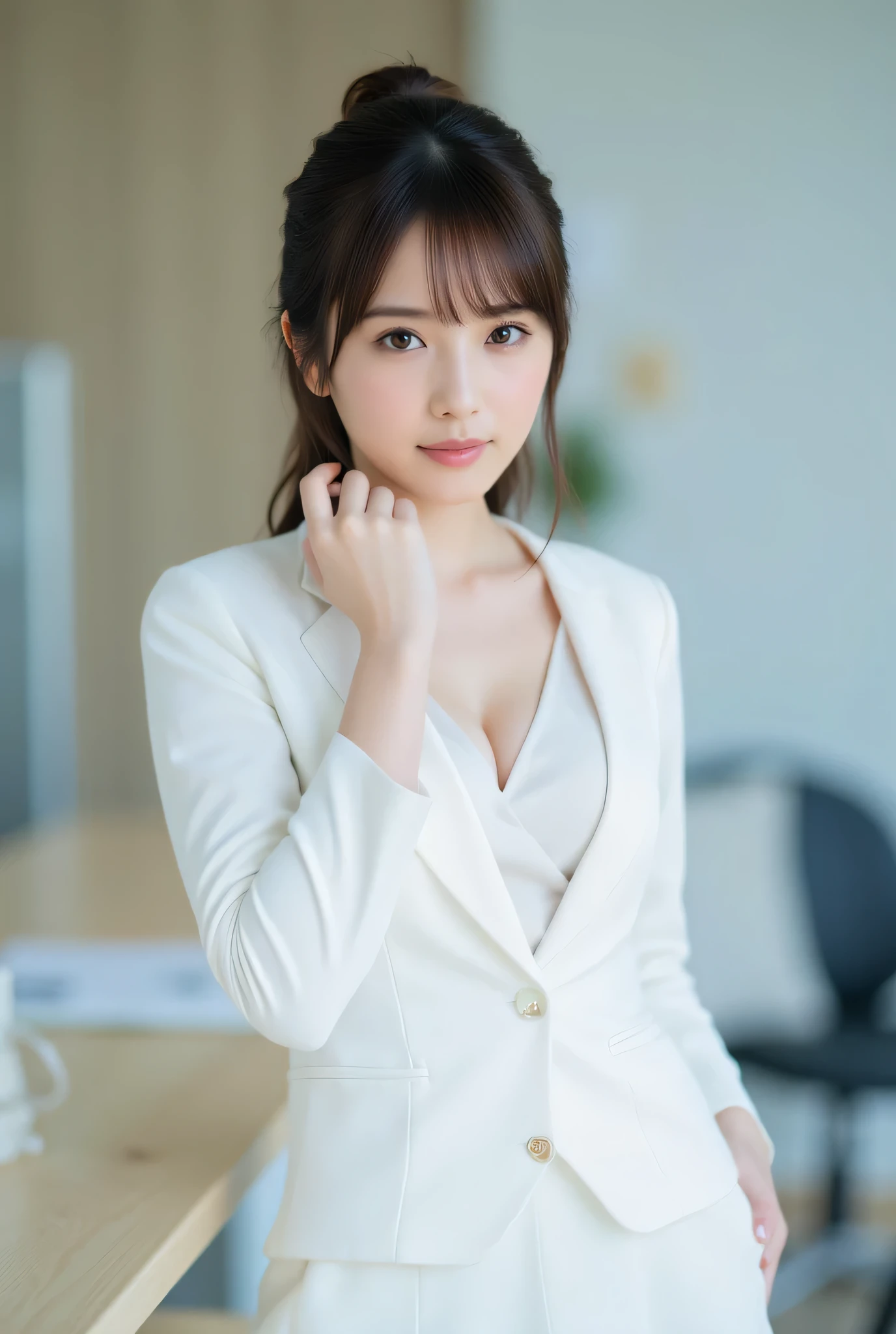 ultra detailed,8k, high resolution, beautiful detailed, high contrast, sharp focus, 50mm, f3,5, (full body:1,3),
best quality, super hyper realism, realistic, photorealism,(realistic skin:1.2), cleavage, office,
japanese solo girl, no makeup, straight-on cinematic portrait, shallow depth of field, ultra realistic,
Japanese girl, white suit jacket, naked jacket, white taut skirt,
