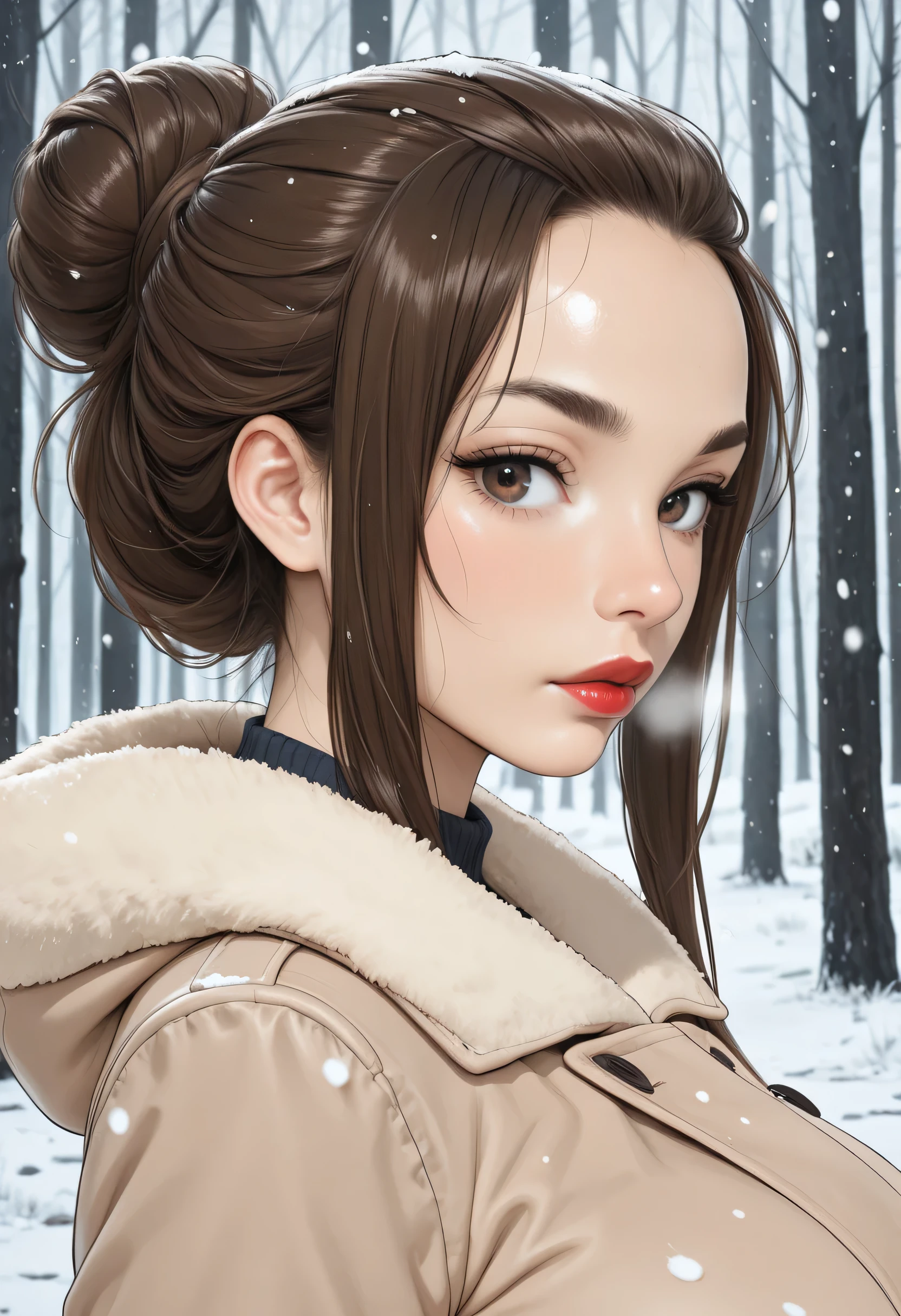 Brown Hair, Hair Bun, Hair Up, ((Forehead)), Brown Thin Eyebrows, Dark Brown Eyes, Nose, Lips, Thick Lips, Red Lips, (Large Breasts, Big Breasts, Perfect breasts), (Light Brown Coat Parka), (Looking At Viewer), Hard Snowing, Freezing Forest Road, White grass, (Shiny Skin)
