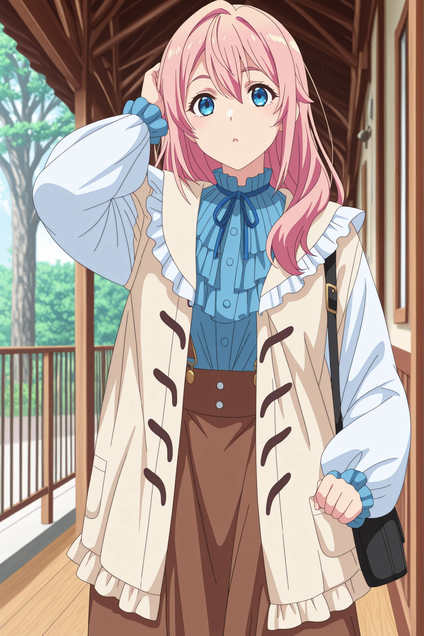 Anime one girl, style anime Free iwatobi swin club, pink hair, blue eyes, wears a cobalt blue long skirt with suspenders, featuring four buttons in pairs, top is a white, long-sleeved ruffled blouse, giving her a detective-like appearance
