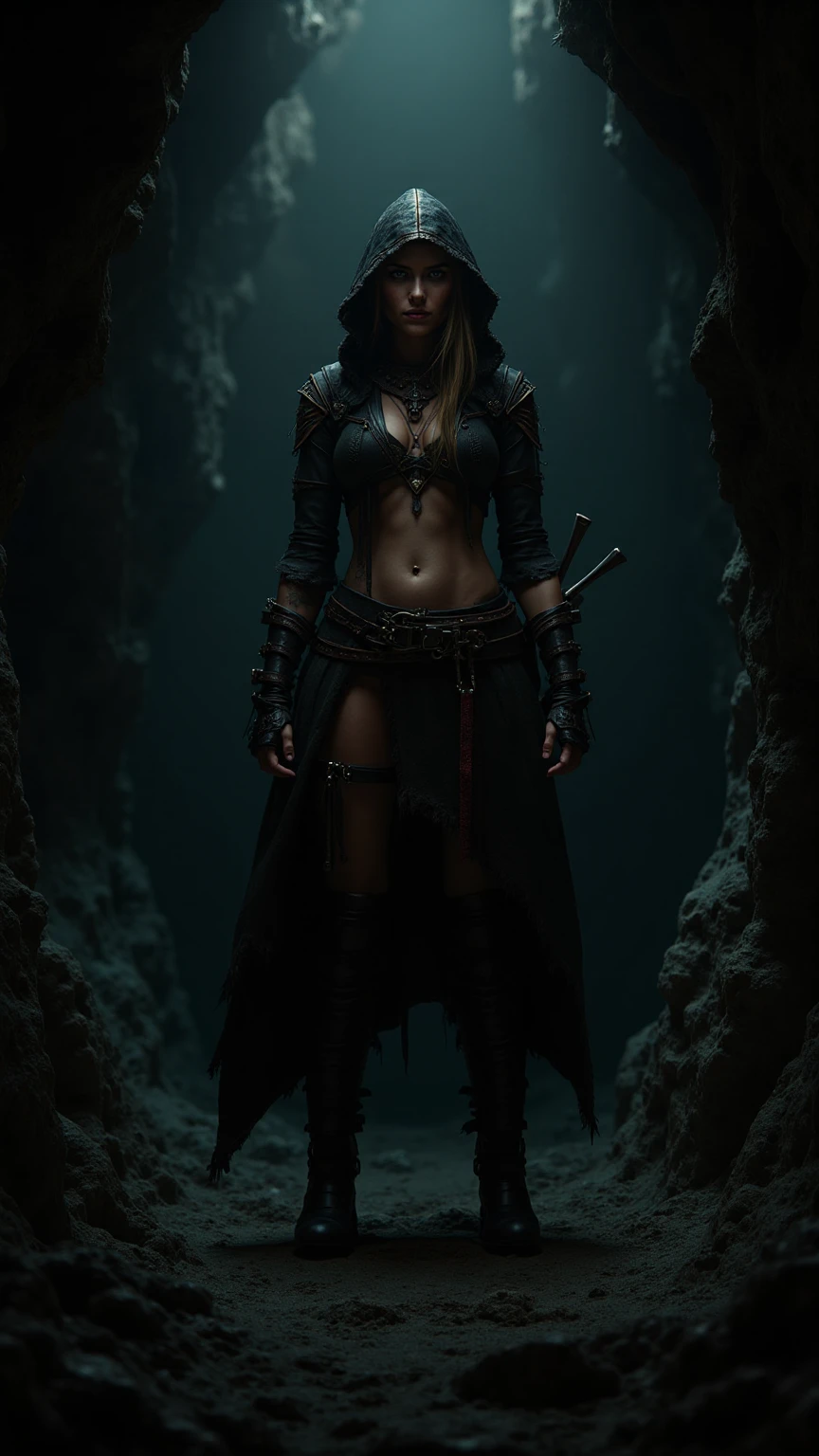 Beautiful and exotic ((medival assassin)) sneaks through the dark, ((overgrown jungle)), hunting for prey, lithe, sexy, camouflaged with body and face paint, she wears a black  with a hood, dark rainforest, cleavage, plants in the foreground, background: dense primeval jungle), , , , (cyborg:1.3), cable, glowing, fighting stance, fighting pose, perfect face, absurdres, extremely detailed, ((correct )),