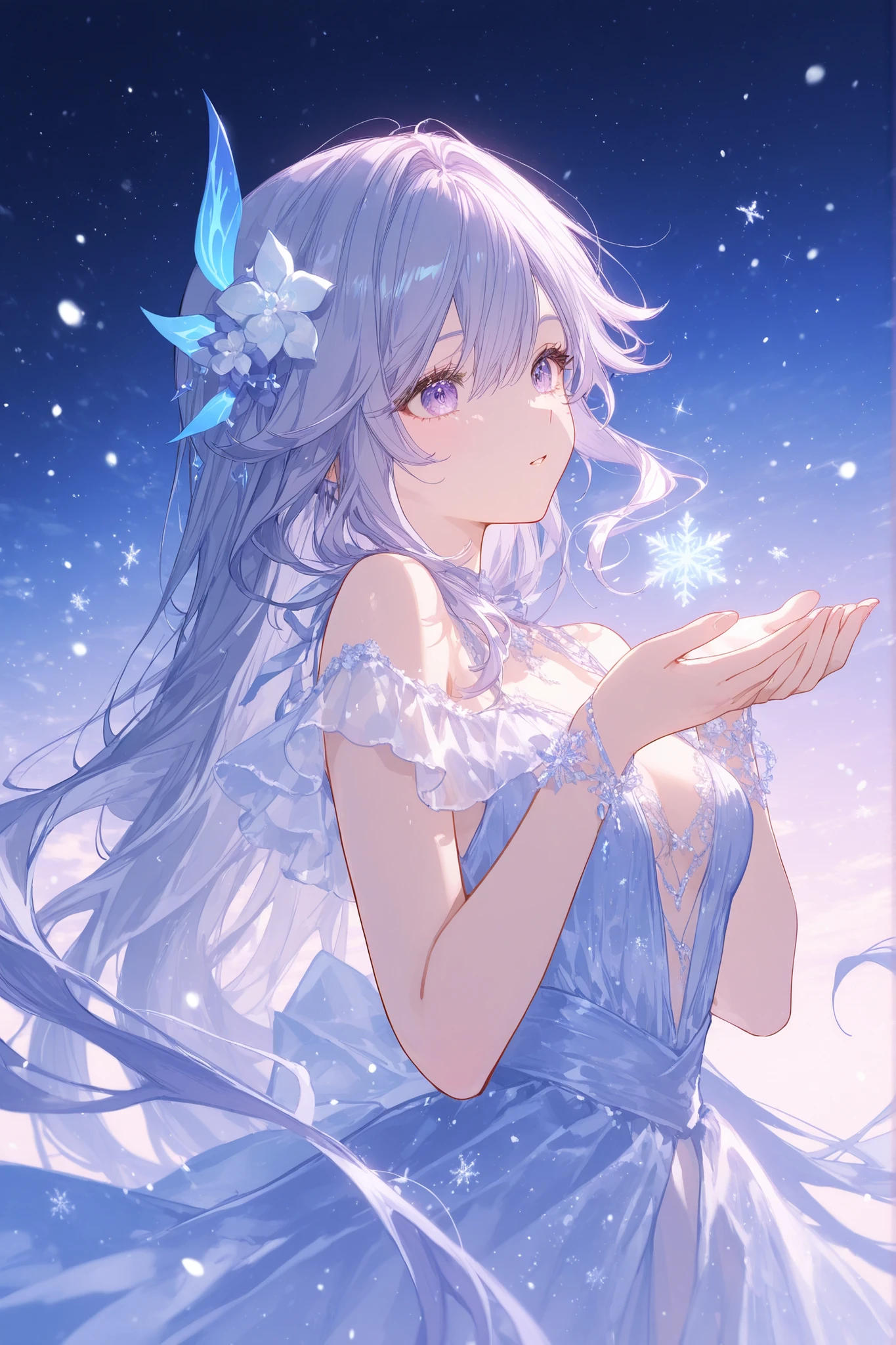 Long Lashes、very long hair、30 years old、High Resolution、high image quality、very detailed、Skirk( Genshin)、snowflakes、Snow Flower、