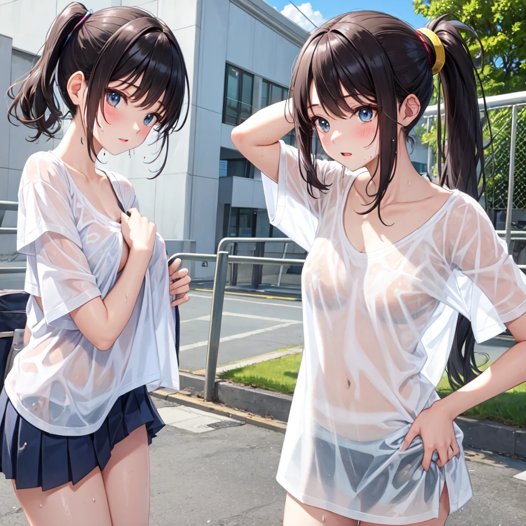 realistically, 2 girls, longhair, brown eyes, glowing eyes, white short skirt, Blush, daytime, Wet from the rain, , Strapless shirt, , Sit on your knees., , 16 years old, armpit, crotch, 