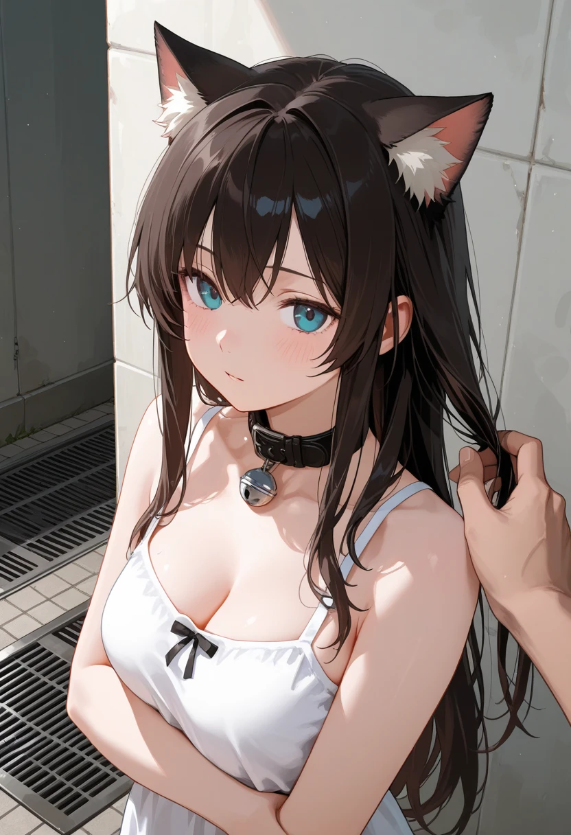 Big girl with long brown hair and  completely  without any clothes