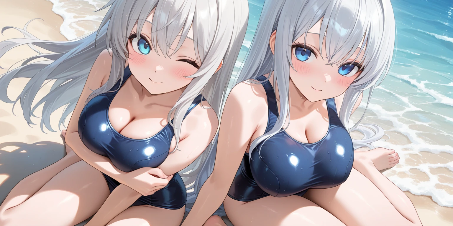 Woman with very light white skin, with white hair, rosy cheeks, with an embarrassed expression, wearing a swimsuit lying down 