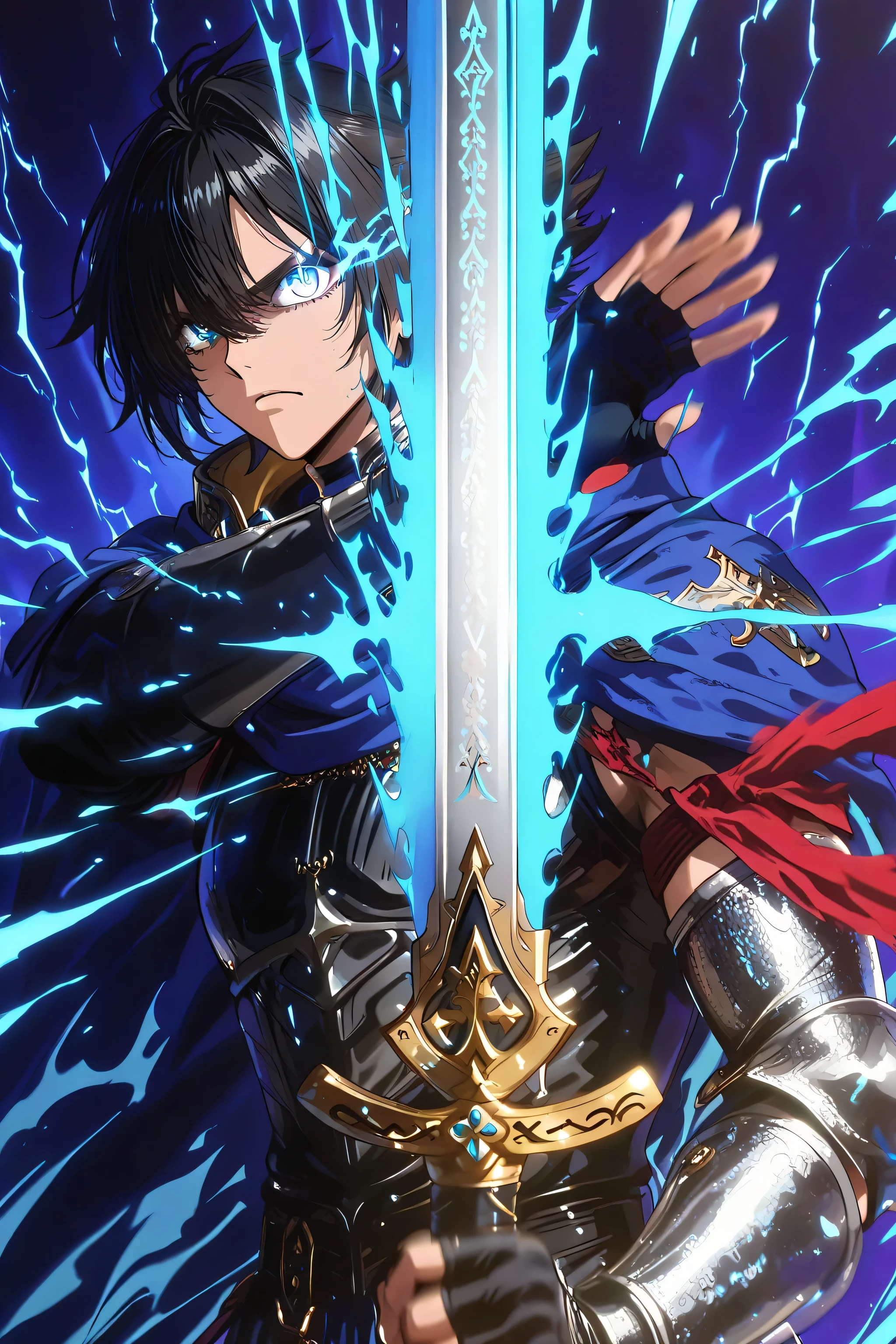 handsome dark-haired young Holy Knight"Asuka",eye trail, lightning eyes,engraved,LaMeister,A blue cloak with majestic silver armor, black leather fingerless driver gloves, Seiken Excalibur, waving a blue shining holy sword at the speed of sound, Serious Expressions, Blue magic circle with ancient runes, blue aura covering his whole body((MOTION BLUR:1.8, speedline, Action Line, Rising Blur))
