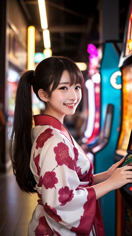 Create an illustration of an anthropomorphized sparrow girl at a vibrant, colorful mahjong tournament. She is wearing a cheongsam with traditional Chinese patterns and accessories made from mahjong tiles. Her hair is a gradient of brown and white with highlights of fluorescent pink and green, and her eyes are bright brown with a touch of fluorescent glow. She is posed joyfully celebrating a win, holding a mahjong tile between her fingers. The background features mahjong tables under colorful neon lights and lanterns, creating a lively and energetic atmosphere. Her expression is a beaming, joyous smile, capturing her exuberant personality.sexy、Exposed Skin