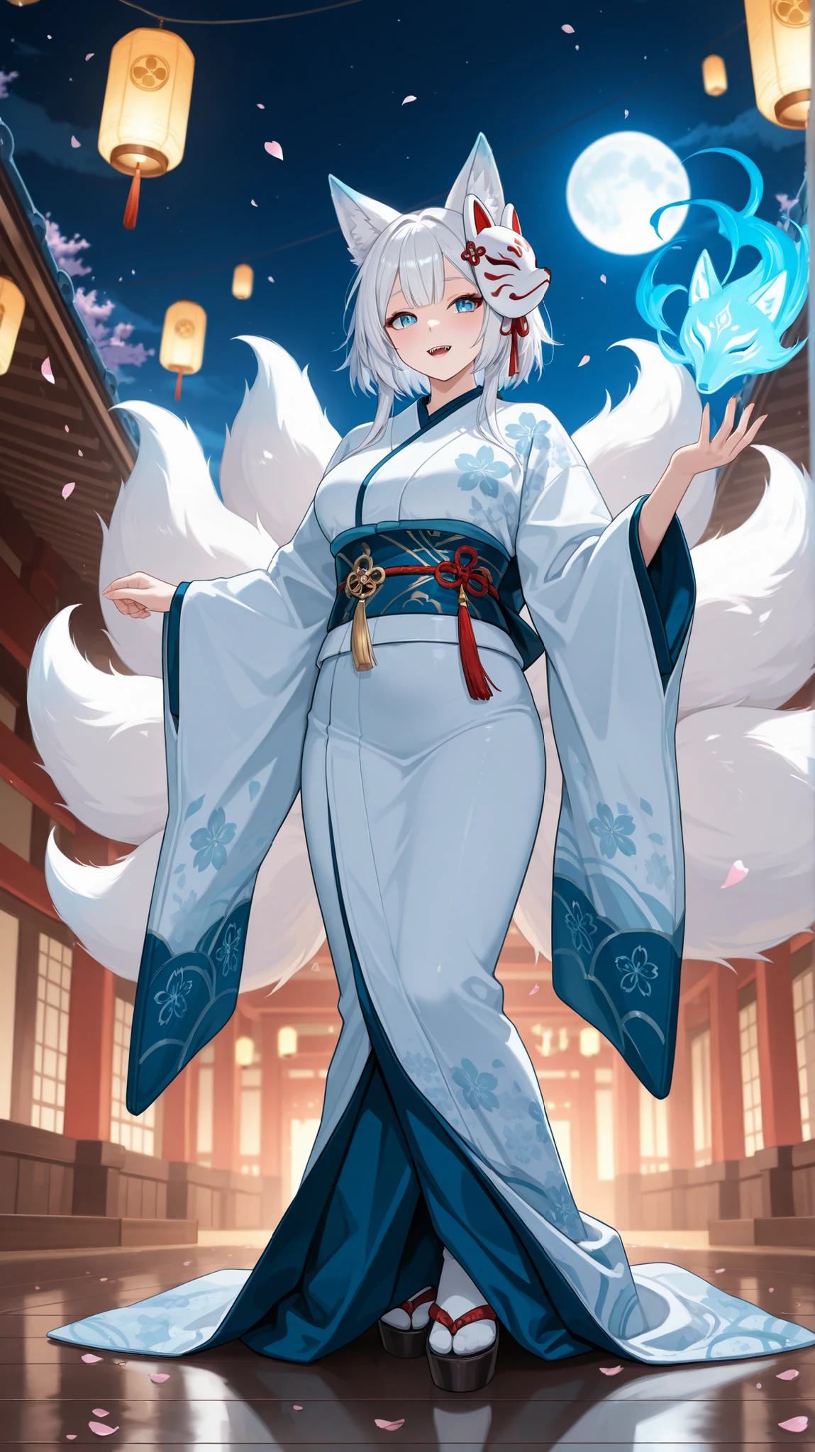 an enigmatic and charming full-body portrait, sexy, a plump Japanese woman、looks like a fox spirit, combines elegance and surrealism.  she says 短い白髪です, with fluffy fox ears. Her sharp, Contrasting eyes - one is cool blue, Of 9 A graceful silk fox tail gently swings.  she says 、with delicate gold embroidery、is wearing a traditional white and blue kimono, shines under the soft light of floating lanterns. Her delicate hands are、has an elegant, beautifully crafted fox mask, adorned with gold and crimson patterns. Behind her, has nine graceful silk fox tails swaying gently, emits a slightly otherworldly vibe.  The background is quiet , Moonlight Temple Garden, with cherry blossom petals dancing in the night sky. This overall scene、drawn in surprisingly realistic detail, inspired by the imagination of this amazing being、The sense of reality is enhanced by cinematic lighting.