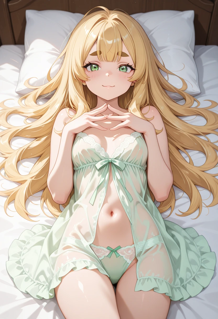 masterpiece, (highest quality), alone, (young woman), solo, blonde long straight hair, big, dog ears, (golden eyes), (pajamas with green and white stripes), barefoot, red cheeks, (sleeping with eyes closed), ((sweating a lot)), , lying down, ((very dark)), (midnight room))), on the bed, looking down from above