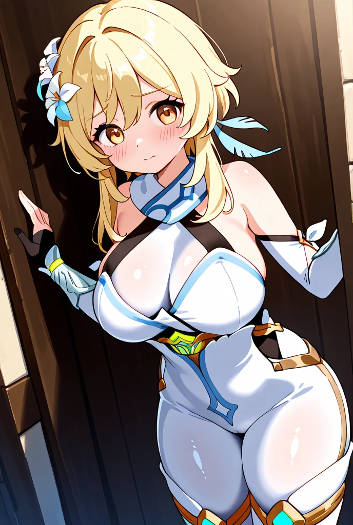 1 girl, detailed blue eyes, lange wimpern, detailed beautiful face, a Bit curly hair, (Long blonde hair:1.4), (arms behind back:1.6), gefesselte Arme, blushing, (Big ?????:1.1), White ??????, OTN, Gag, gagged, ???????, tied Gag, sitting in a modern Apartment located at a beach, sitzend auf einem gepolsterten Sessel