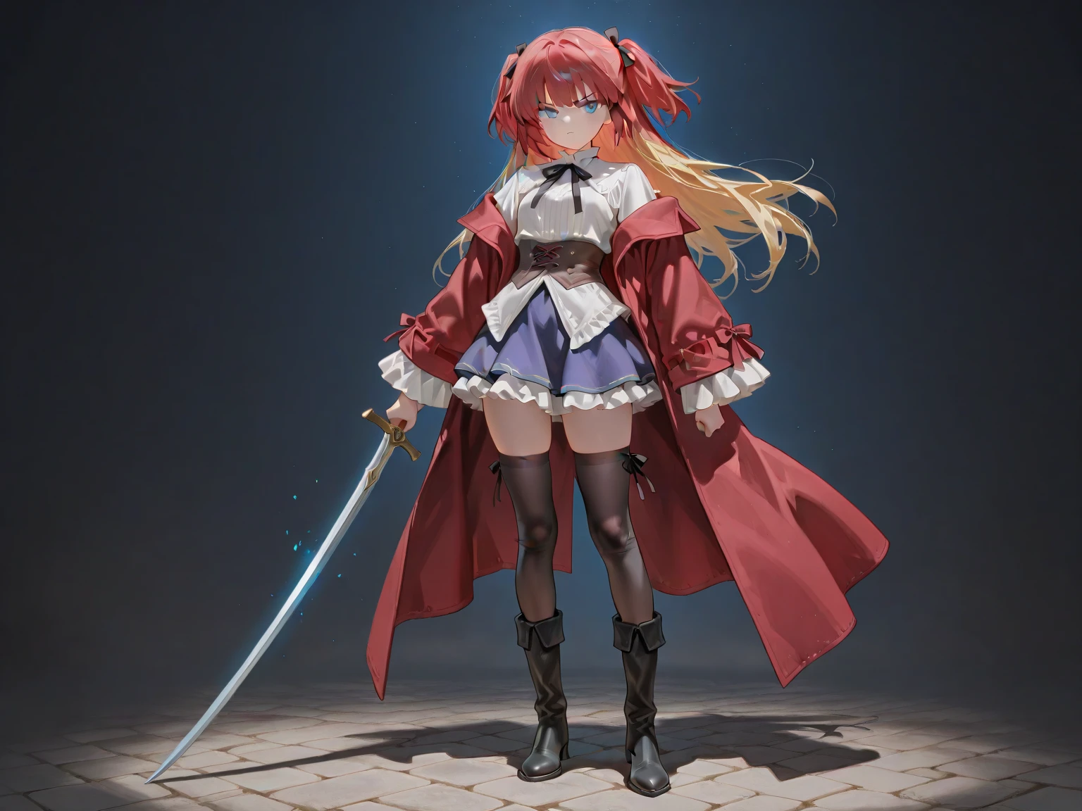 summonnightaty, aty, long hair, blue eyes, red hair, beret, hat, glasses,
BREAK long hair, thighhighs, hat, dress, boots, glasses, belt, cape, sweater, zettai ryouiki, beret, thigh boots, white footwear, ribbed sweater, loose belt,solo,
BREAK outdoors, fantasy,on_a_ship,
BREAK (masterpiece:1.2), best quality, high resolution, unity 8k wallpaper, (illustration:0.8), (beautiful detailed eyes:1.6), extremely detailed face, perfect lighting, extremely detailed CG, (perfect hands, perfect ),covered_,covered_navel,light_smile ,(half_eyes:1.4),sword,armpit,sleepy,dynamic_standing,barrel,red_sweater,apart_legs,magical_effect,pulmp,big_tits,