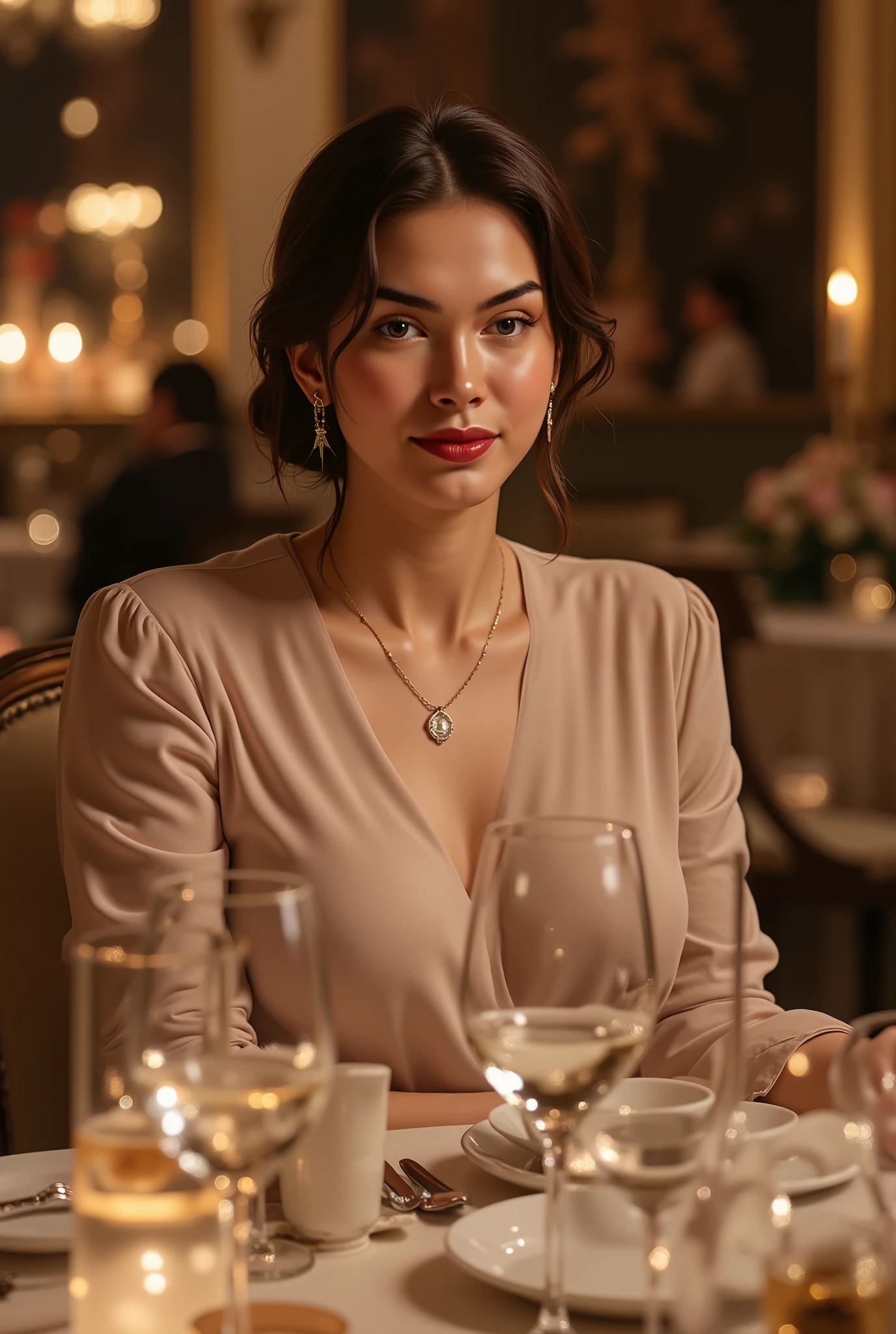Beautiful woman sitting at an elegantly set dinner table, realistic photo, warm candlelight, refined atmosphere, soft smile