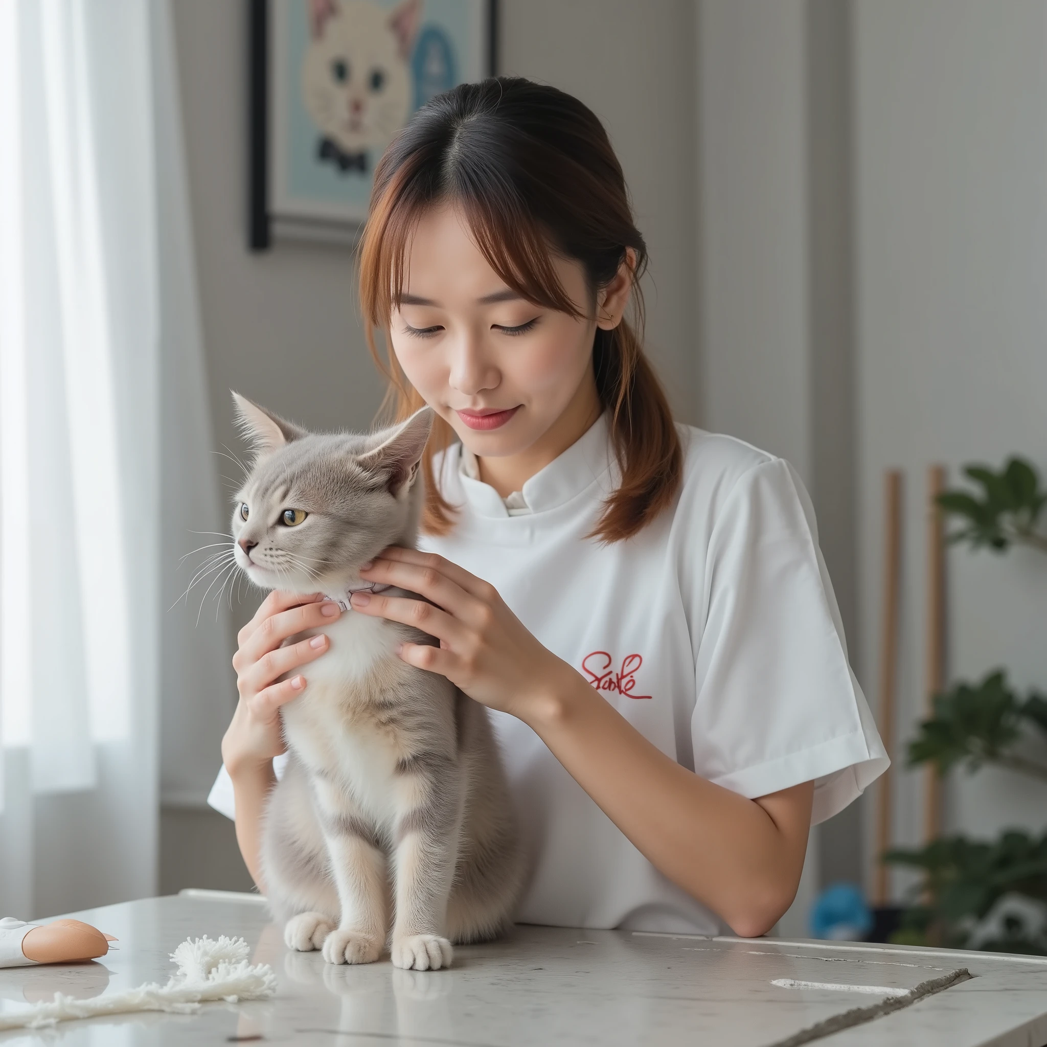 Popular gravure idol working in a luxury pet salon、(The Moment She Attaches a Bow to Her Cat:1.10)、Perfect Makeup and Shiny Skin、Her Body Is Professional Yet Attractive。Wear Something Clean, Fitted Trimmer Uniform、Multiple Manicured Cats、bright and clean space、Newest Pet Care Equipment、Soft Light Balancing Natural Light from the Window with Artificial Light、Bright Details and Beautiful Contrasts、Composition like a magazine cover、Top Japanese Gravure Models Show Kittens The moment we hug each other tightly、She's Stylish、Professional Lighting Effects、charming atmosphere.