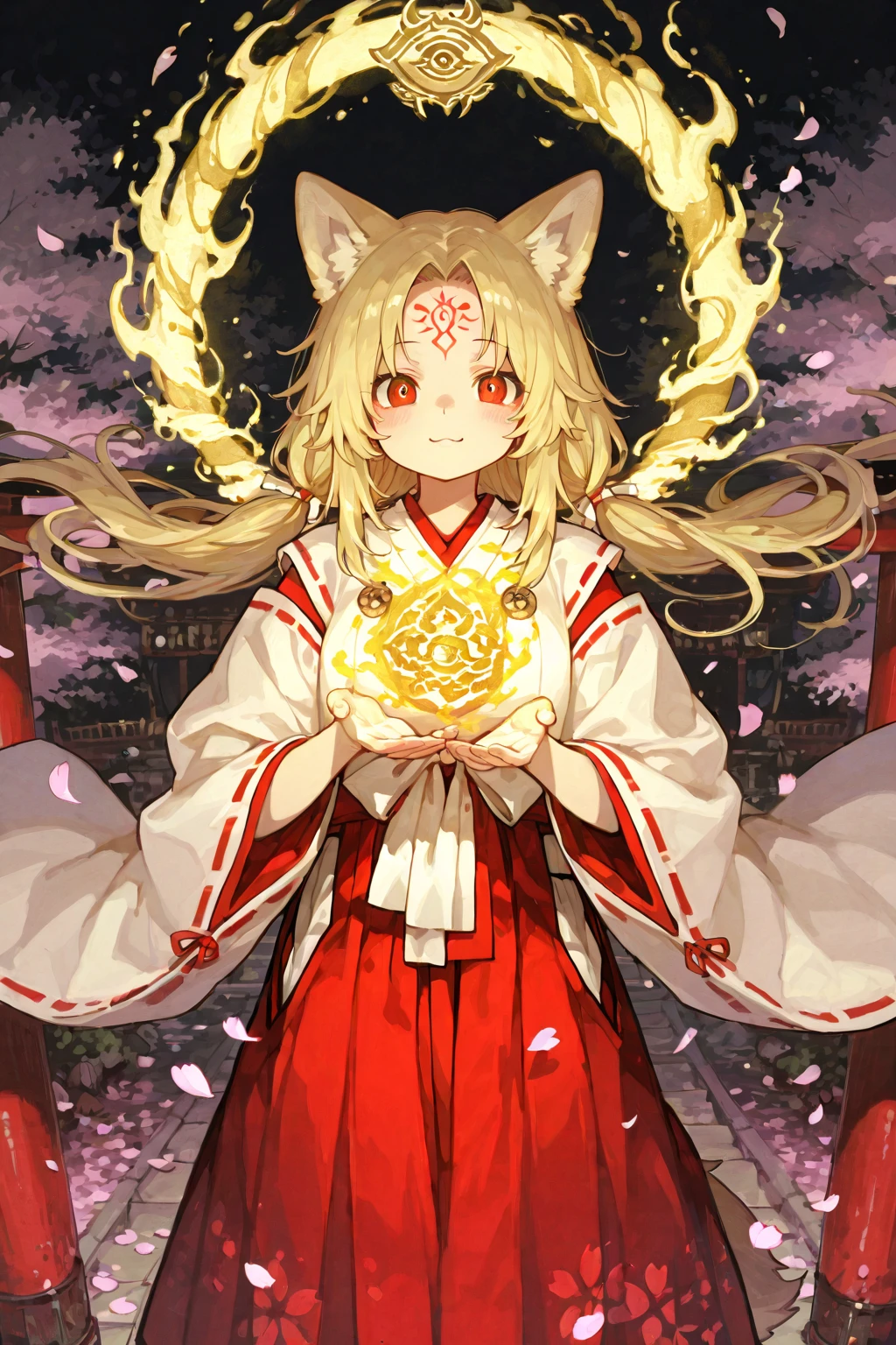 1 girl, standing alone, (ibaraki_Douji), blond, yellow  eyes, slitted pupils, oni horns, Japanese clothing, pointy ears, kimono, bared shoulders, Off The Shoulder, yellow kimono, forehead mark, toenails, sharp toenails, ((Red Hands)), hair accessories, slickedback hair, jewerly, aretes, ssmile, ssmile, (sharped teeth), (hands on ), gazing at viewer, trunk, standing, work of art, best qualityer