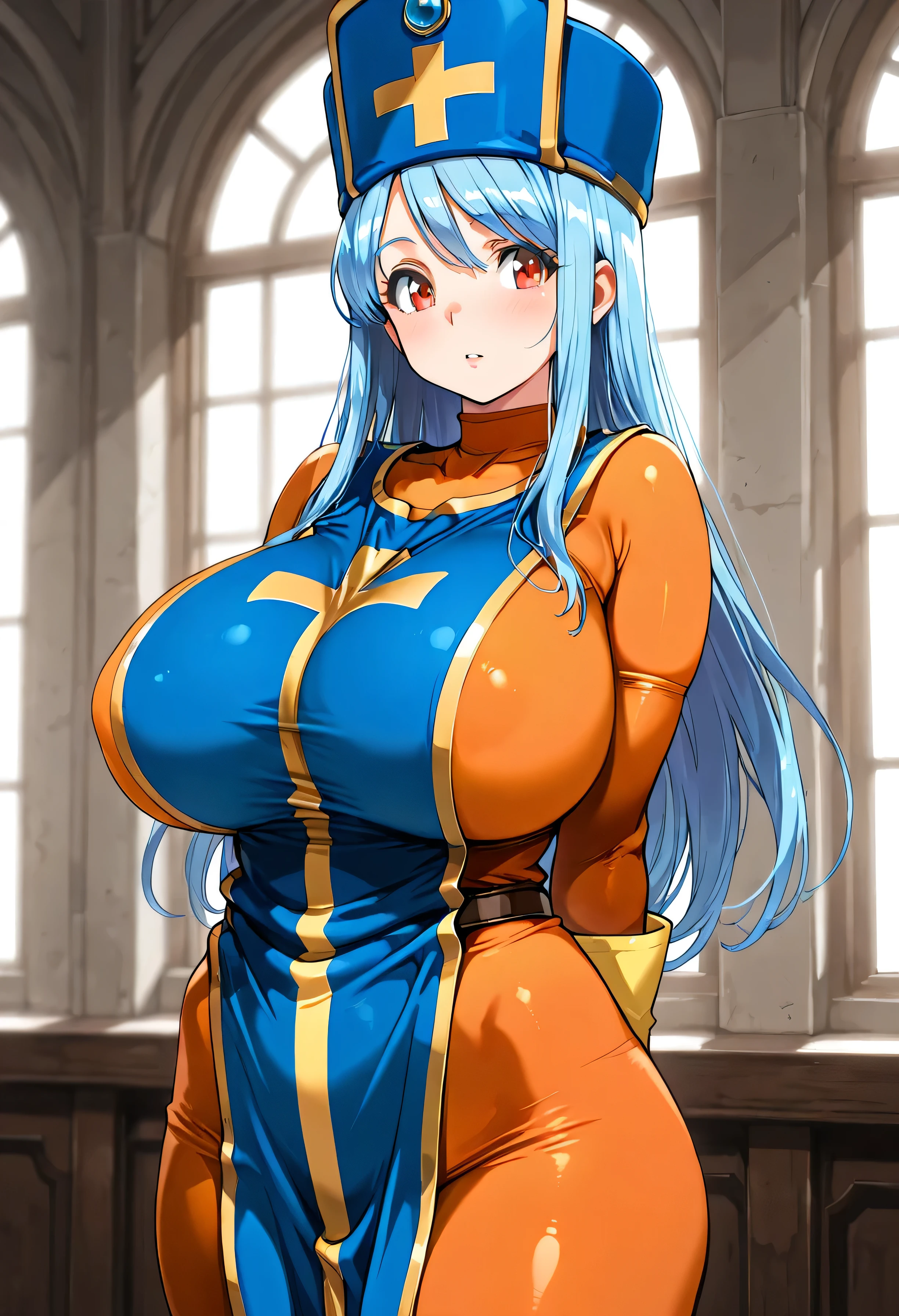 priest \(dq3\), 1girl, solo, long hair, blue hair, red eyes, mitre, tabard, cross print, orange bodysuit, elbow gloves,(Huge breasts),8k,beautiful,best quality,detailed,exquisite,extremely detailedfinely detailed,high quality,insanely detailed,masterpiece,ultra detailed,ultra highres,ultra quality,(Huge breasts),