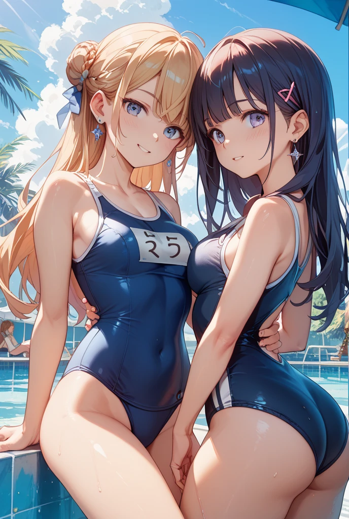 Best image quality, 8K, high quality, masterpiece:1.2), ((masterpiece)), (High detail, high quality, Best image quality), Bokeh, Depth of written boundary, Portraiture, Open Stance, (Cute illustrations:1.2), Poolside, (Multiple girls with different hair colors and styles:1.2), Five Girls, Dawn, Beautiful light, Professional Lighting, (Small ), (One piece turtleneck light color low V-neck swimsuit,), (Idol Master), Cute round face girl, , Dynamic pose, An exciting mood, smile, Dynamic Angle, Underarm,