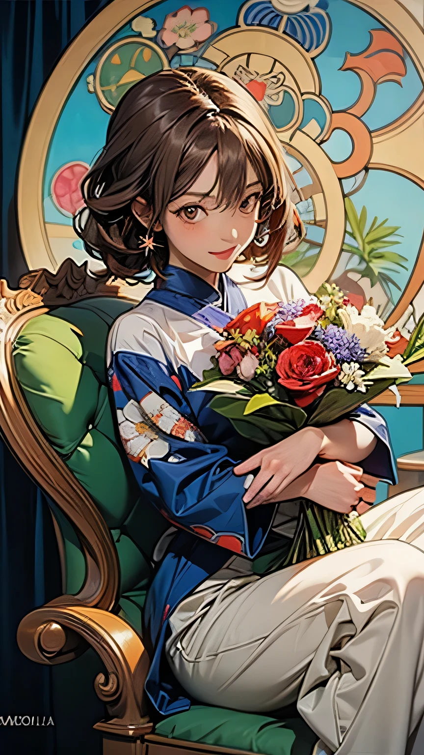 momo girls,SoraDigi,nsfw, Realistic,clear focus、HYPER DETAIL、 painting of a woman sitting on a chair holding flowers, Anime Art Nouveau, Alphonse Mucha and Rothdraw, alphonse Musha style, Korean Art Nouveau Anime, Flat Shading Mucha, Alphonse Mucha style, DeMura and Alphonse Mucha, Anime Art Nouveau cosmic display, women inspired by Alphonse Muscha, Musha style,  flat cell shading Musha 
（professional, Official Art,close-up),