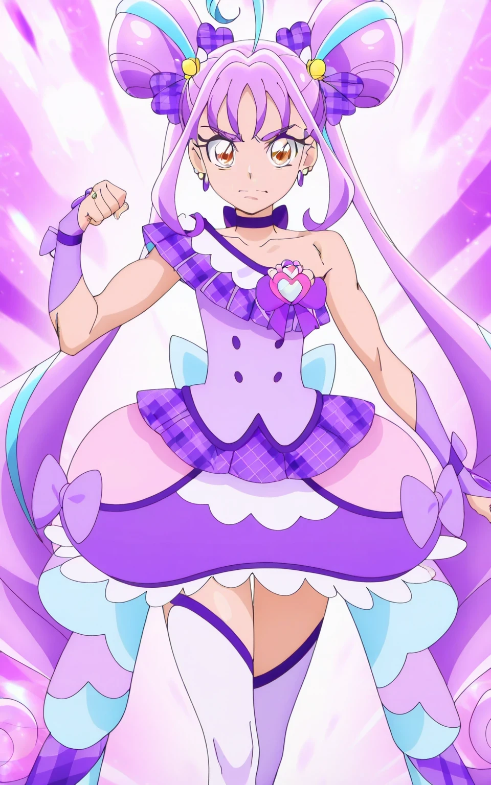 傑作、Best quality、Best resolution、Best image quality、amazing quality、 very aesthetic、 absurdres、anime coloring、anime screencap、anime screenshot、official art、1boy、cure kyunkyun is a boy warrior、 <lora:curekyunkyun_v3_IL:1>、(manly face:1.4)、solo、boy is wearing a purple dress、long multicolored hair boy、sparking brown eyes、blue hair、purple hair、twintails hair、very long hair、multicolored hair、streaked hair、two tone hair、sidelocks、double bun、ahoge、eyelashes、eyebrows visible through hair、hair ornament、hair bow、solo、amethyst prince、anime prince、 purple skirt、layered skirt、mini skirt、high cut skirt、collarbone、trapezius、sleeveless dress、multicolored dress、frilled dress、plaid dress、strapless dress、bare shoulders、purple skirt、layered skirt、mini skirt、high cut skirt、purple neckwear、ribbon choker、purple choker、frills、collarbone、purple arm warmers、purple detached sleeves、fingerless gloves、wrist cuffs、heart brooch、blue bow、purple bow、waist bow、dress bow、buttons、flat chest、bare thighs、covered pectoralis major、arm muscles、thigh muscles、white and purple thigh high boots、official character art、style of magical boy、masculinization、magical boy、 official fan art、 !!Full body portrait!!、 magical boy style、 王子としての王様讃美歌、 MLP fan art、cure sword  outfit、official anime style、official anime artwork、detailed fan art、 short boy、toned body、cute boy、otoko no ko、femboy、trap boy、Best resolution、 commission for Best resolution background!、wearing a purple dress、anime boy is wearing a nice dress、(manly:1.4)、official art style、anime boy、male focus、looking at viewer、solo focus、cowboy shot、(male body:1.4)、 purple background、female grey briefs、bare crotch、basic design female briefs、female grey briefs underneath purple mini skirt、detailed outfit、bulge short underneath female briefs、I can see female grey briefs、showing female grey briefs、skirt lift、