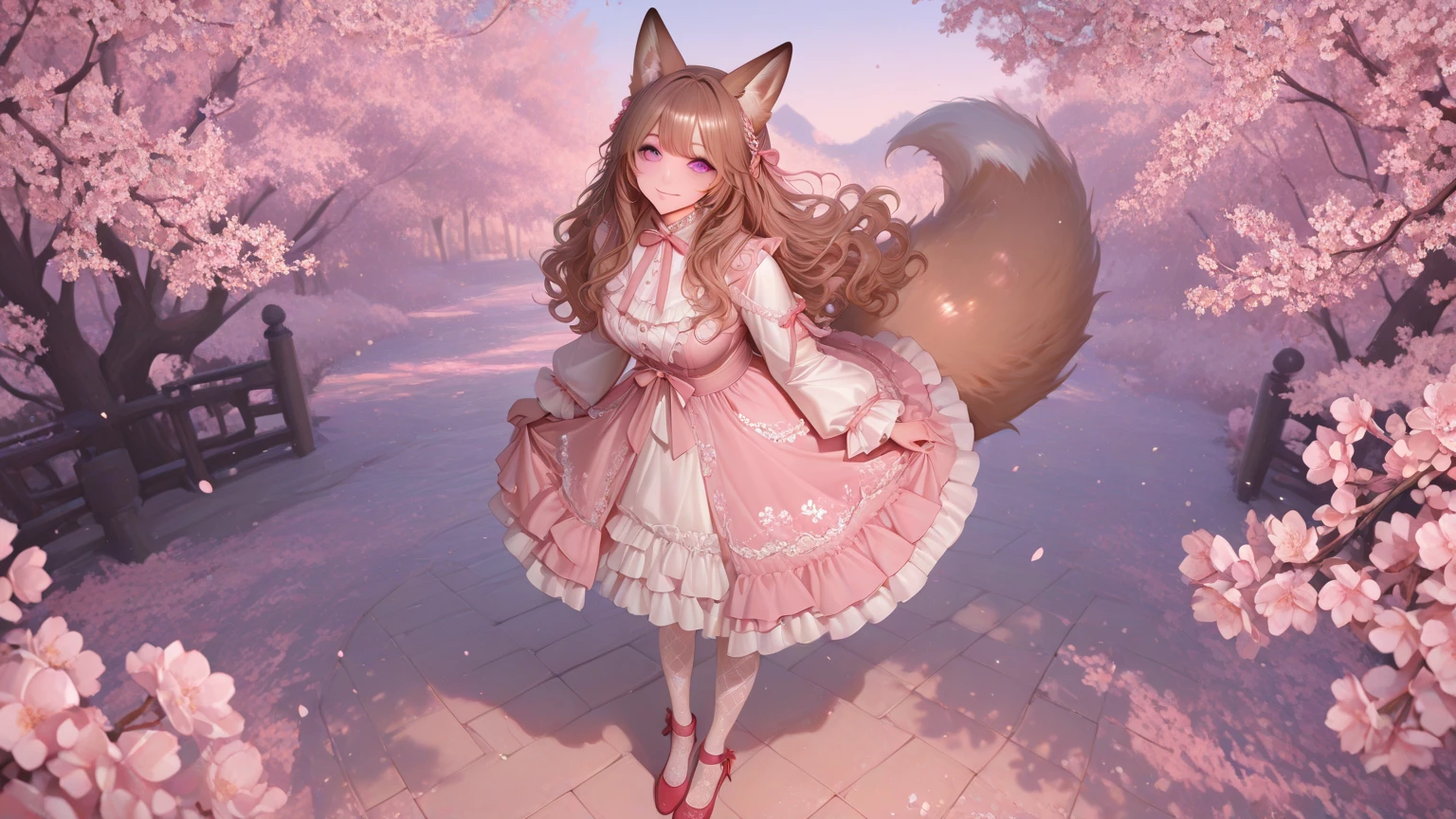 Chibi Cat、sakura season、Cherry blossom background、kawaii、Bright red hair、put out the 、Wink、Wearing a 、 Character、