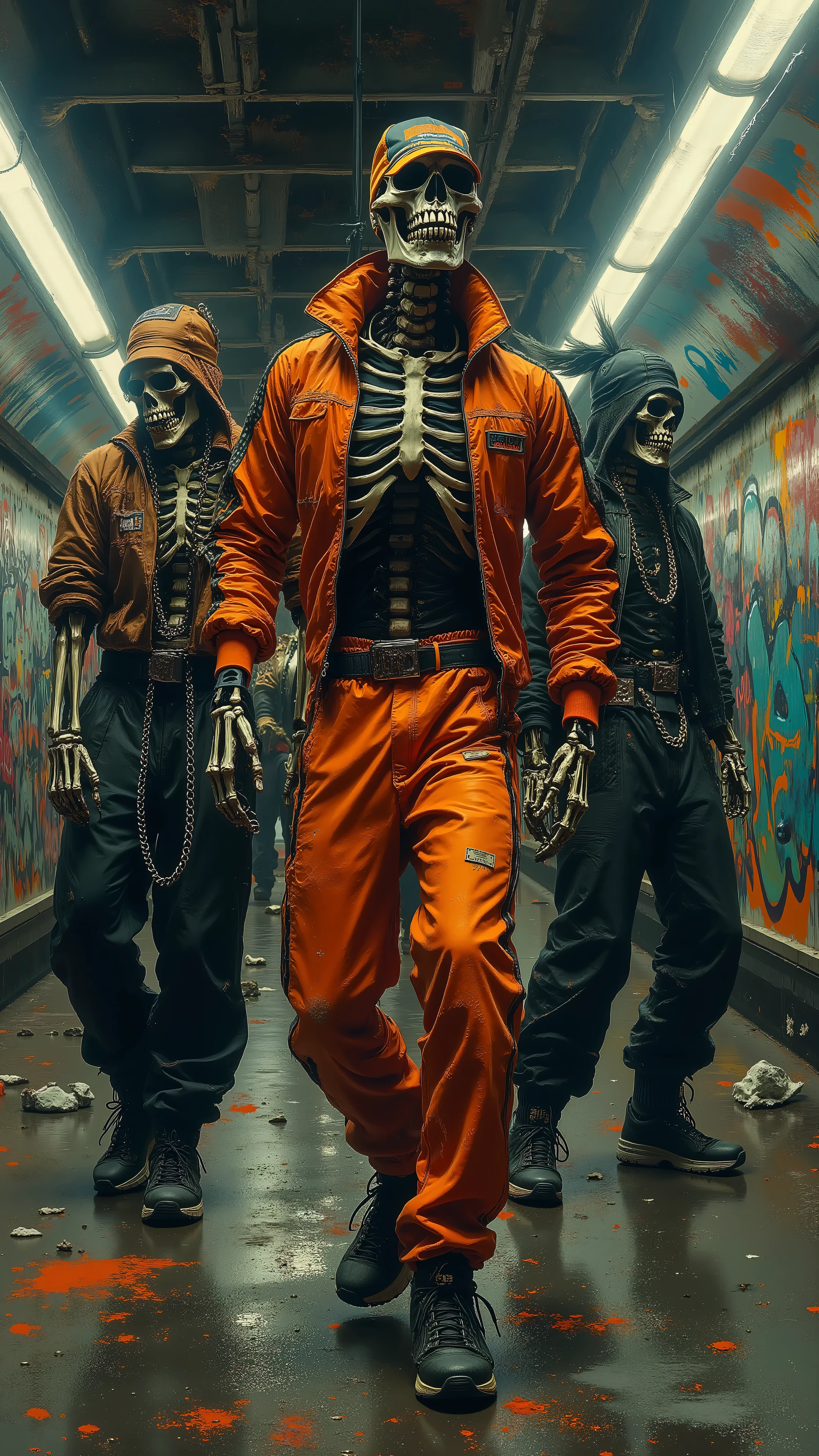 Hyperrealistic image of a human skeleton dressed in 1980s-style hip-hop clothing: a bright-colored tracksuit, oversized sneakers, and a sideways baseball cap. The skeleton is dancing toward the camera in a New York City subway station, performing breakdancing moves. Behind him, two other skeletons, also dressed as 1980s-style gangsters with bandanas, baggy clothes, and chains, are following his lead and dancing in sync. The subway station is gritty and covered in colorful graffiti. The lighting is harsh and fluorescent. The image should have a sharp focus and ultra-high resolution, capturing every detail of the texture of the bones, the clothing, and the graffiti. The overall mood should be energetic, edgy, and slightly humorous.