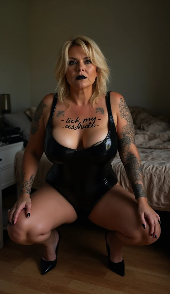 ((best quality)), (Masterpeace, high quality, high resolution, realistic photo, photography, detailed, no tattoos on face), 1 japanese porn star women fighter gangster , age from 30 to 36 years old, model women Xo Gisele, 8k_wallpaper, extremely detailed eyes, (large masterpiece digital art), (intricate details:1.3 ), (ultra-detailed:1.3), (sharp focus:1.3), (natural lighting:1.05), (vivid colors:1.3), (best quality:1.4), HDR, studio lightings, expressive eyes, full body shot, detailed face, beautiful face, perfect face, ((voluminous thick sandy blonde hair)), (korean light predatory makeup), {{wet light bronze skin}}, ({wet light bronze skinned female}), (big breasts), huge chest, (pelvis widens:2.4), big wide ass, wet skin, powerful relief muscles of the abdomen and legs, powerful strong muscles of the arms, whitish scars from knives on the chest and stomach, large nipple orioles, huge elongated nipples of great thickness with large openings of the mammary glands, nipples pierced with piercings in the form of large gold rings, slightly full protruding belly with muscles, short ripped denim shorts with a red belt slightly lowered down from which hangs a keychain in the form of a pink dildo, high red knee-high boots, a slave's wide steel collar with a large chain, she sits on a dirty clay floor chained to a shabby wall and strokes a white cat, next to her stands a chair covered in sperm and a dirty soldier's bed with sperm splashes on it, outside the window rises a forest and a distant ruined city, post-apocalypse, ultra-realism, hyperrealism, cinematic, dark fantasy, chinese style,