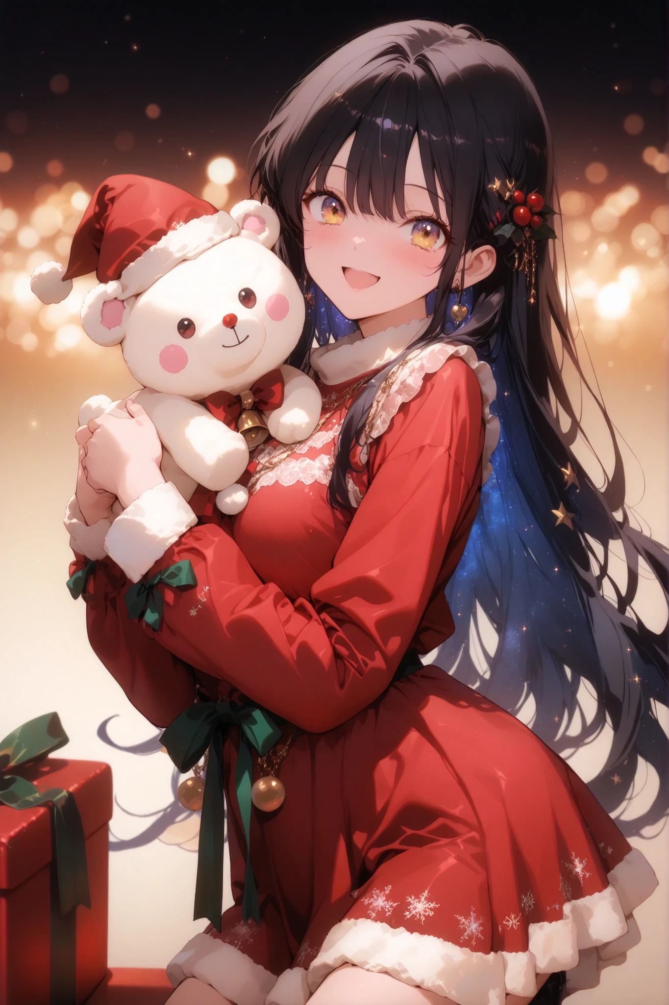 masterpiece, ultra-HD, high detail, depth of field, best quality, 8k, best quality, ergonomic, (anime coloring, anime screencap), official art, bokeh,
1girl, young adult, warm and light yellow eyes, very long hair, dark black hair, ((starry)) hair, casual clothes, bright smile, pink rips, pink cheeks, slim tall body, genius joy, open mouth smile,
santa clothes, X-mas, christmas, cozy background,