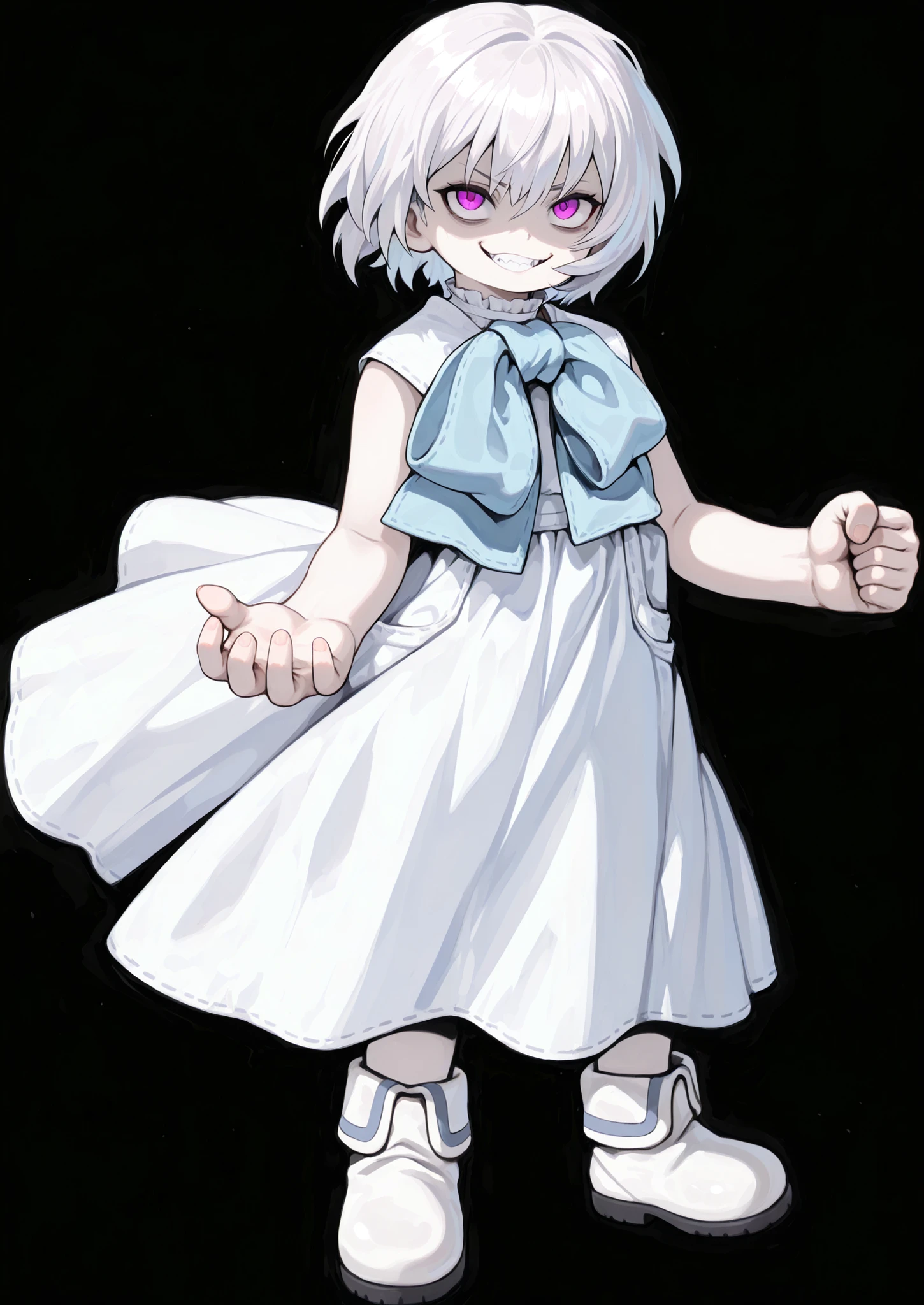 (masterpiece),(best quality:1.0), (ultra highres:1.0), (full body shot:1.2),Best detailed,A cartoon character, resembling a doll or puppet, stands against a plain black background. The character has short, spiky white hair and pale skin, with visible stitch-like lines on its neck and cheeks, suggesting a constructed appearance. Its eyes are wide and round, with vibrant purple irises and spiral patterns, giving it an intense, somewhat unsettling gaze. A jagged, toothy grin stretches across its face, enhancing its eerie look.

The character wears a simple, flowing white dress or tunic, cinched at the neck with a large, puffy light blue bow. Its arms are bare, with visible joint lines, and one hand is open with fingers slightly curled, while the other is clenched into a fist. White, ankle-high boots with light blue trim complete the outfit. The overall mood is unsettling and slightly creepy, blending childlike innocence with a sinister edge.