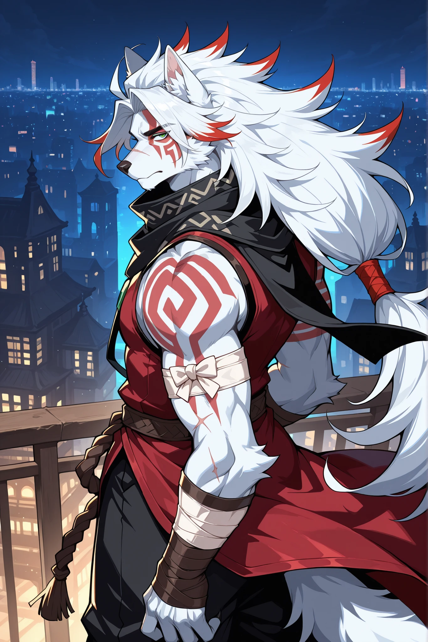 2XKO,,Safe_pos,masterpiece,best quality,amazing quality,1boy,solo, male focus,Anthro,wolf boy,white fur,green eyes,red marks, voluminous hair, red details, sleeveless black overcoat, baggy black pants, long tail, arm bandages, black scarf, long hair, white hair with red tips, hair tied up, scars, tribal tattoos, voluptuous, night city background