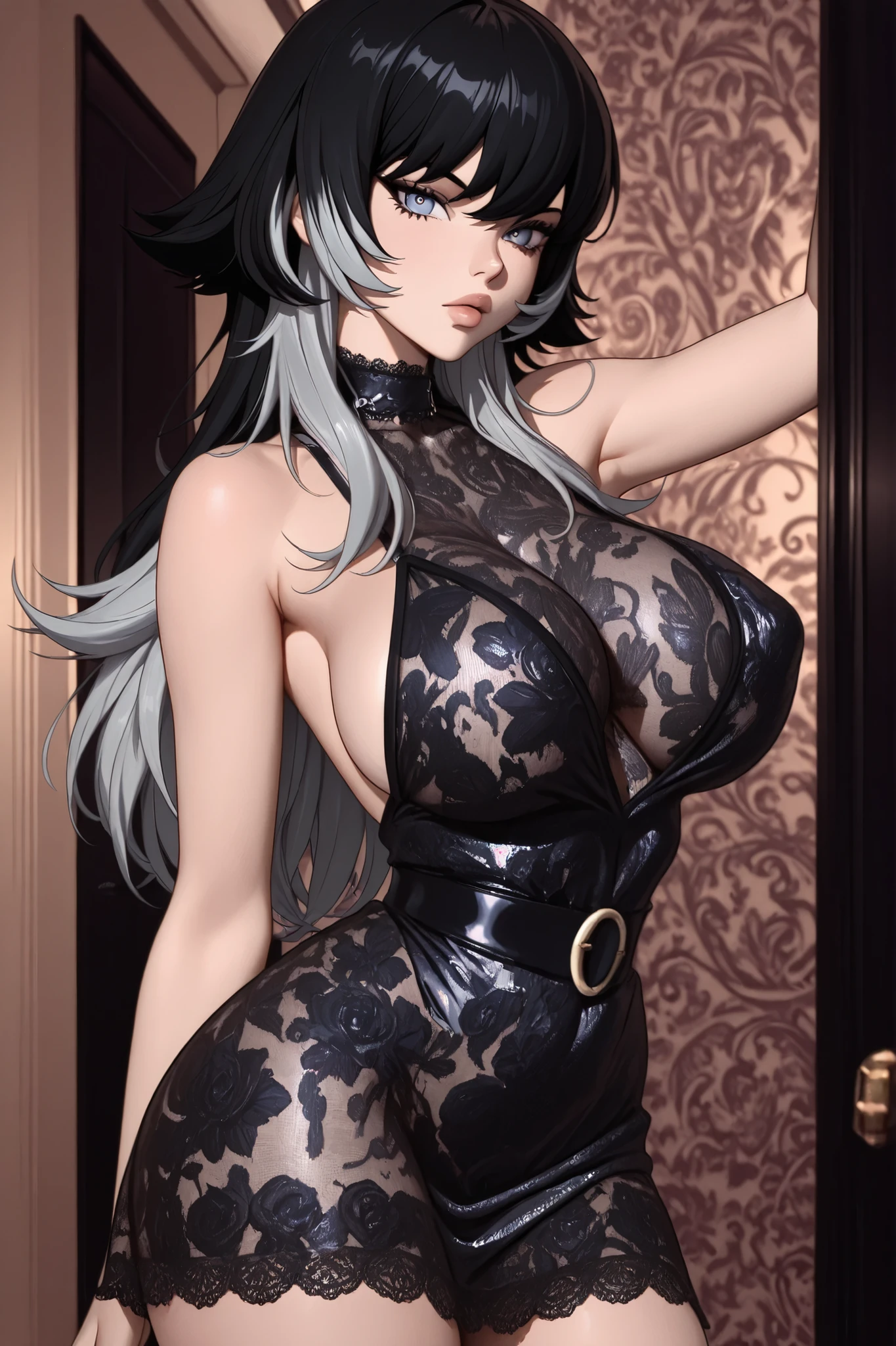 Black Wolf Cut with Silver Tips, long hair, 1 girl, masterpiece, And Up to the Highest Quality,Beautiful Eyes with Intricate Colors,Cowboy Shots,Black Lace Mini Dress,big boobs, The background is a super luxury hotel suite,sexy pose、
