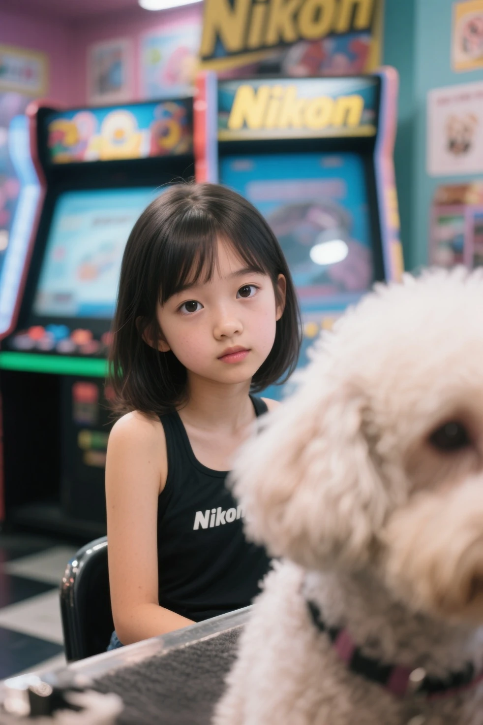 realistis 4d anak gadis kulit realistis rambut hitam yang mengenakan jaket berbulu tebal warna kuning biru, sepatu pink, rok merah kotak kotak, duduk di jalan kota pada malam hari. Anak tersebut harus memakai headphone, memegang boneka anjing besar dengan dua tangan. Latar belakang harus cerah dengan lampu kota yang buram, memberikan suasana dinamis dan penuh warna pada pemandangan. kuwalitas gambar super detail,