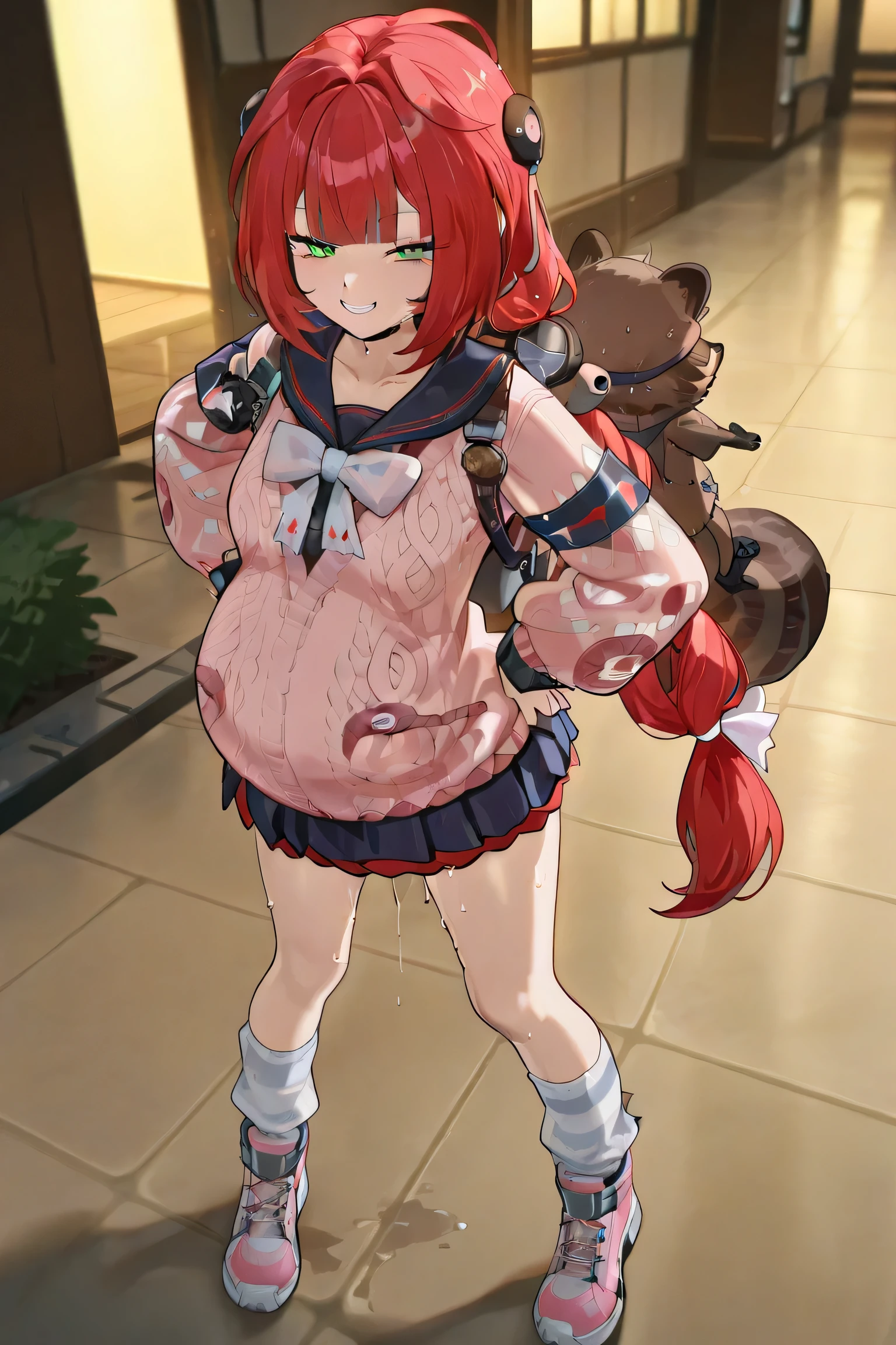 (Best quality, masterpiece, ultra detailed), Ukinami Yuzuha from Zenless Zone Zero, Solo, Alone, red hair, green eyes, raccoon tanuki backpack behind her, Spook Shack outfit, pink button up sweater, short pleated skirt, thigh-high sock, sporty sneakers,at New Eridu street, naughty smile, naughty expression, skirt naturally draped, hands resting on her knees, cinematic lighting, high detail, 4k, anime style, (pregnant:1.2),hands on back, pussy juice, sweating, amnotic fluid flow from the pussy, amnotic fluid on tight, (turn pale:0.8), standing, lean backward